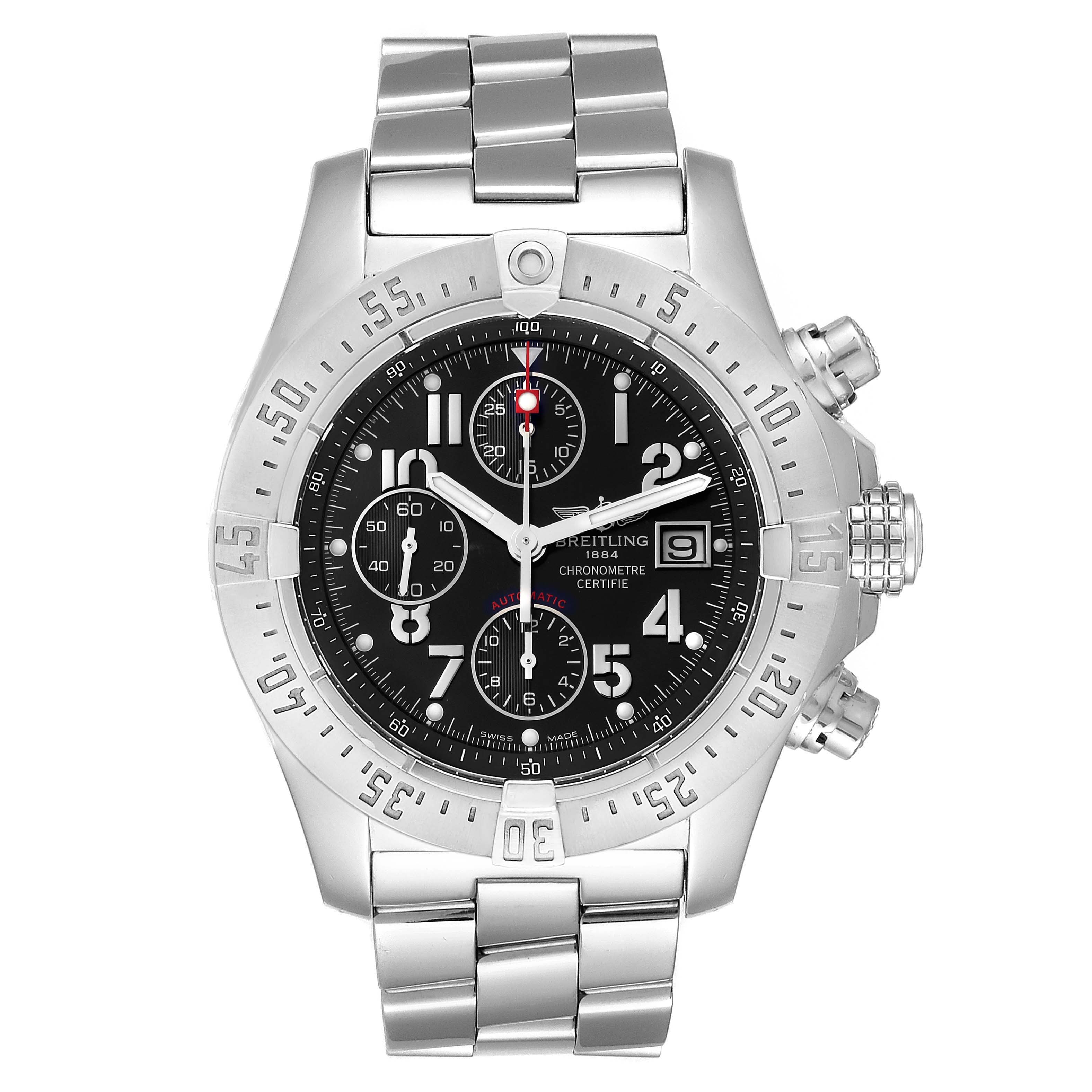 The Breitling Avenger A13380 Men's Stainless Steel Black Dial A13380 Men's Stainless Steel Black Dial watch is shown from the front, highlighting its black dial, silver bezel, and stainless steel bracelet.