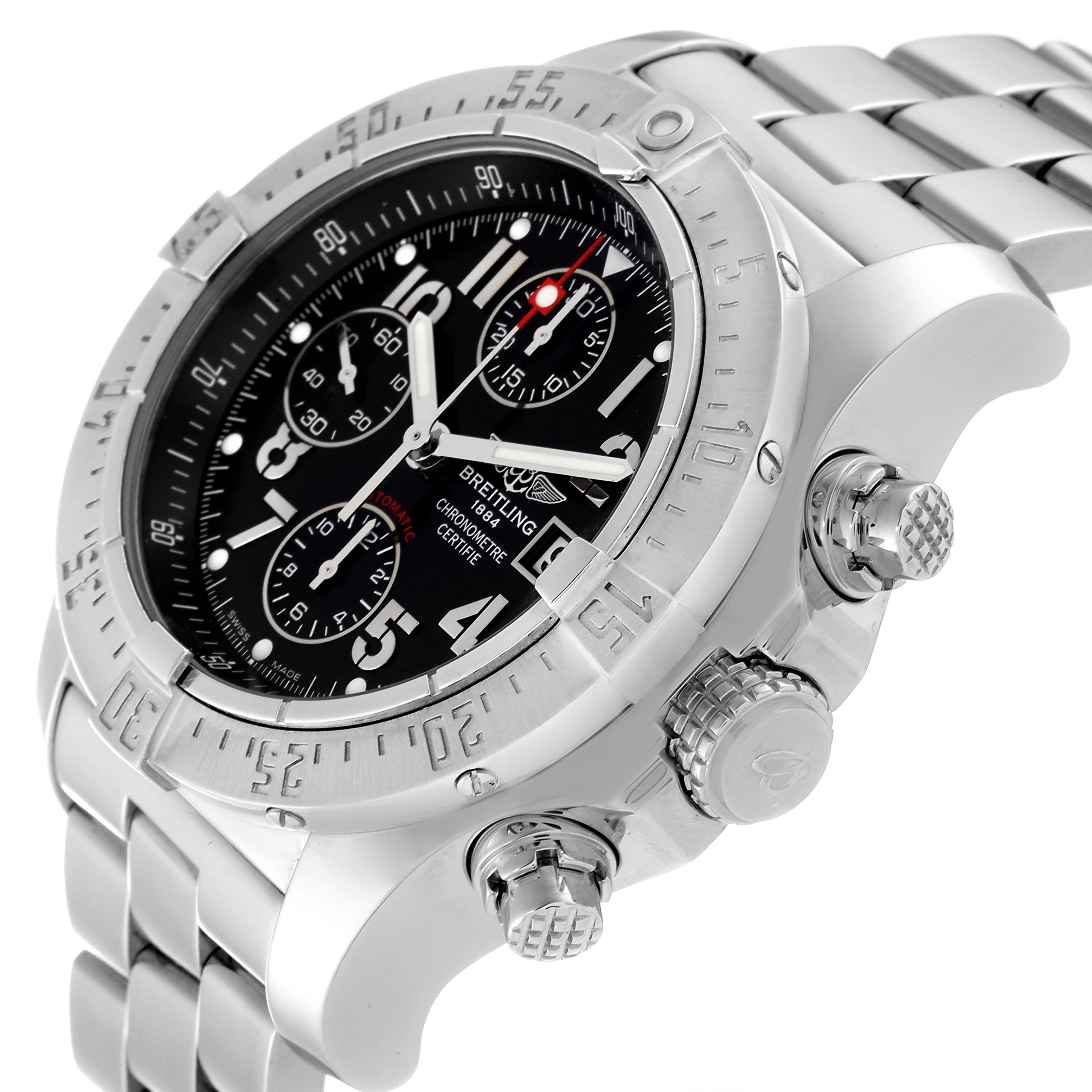 This image shows a side and angled view of a Breitling Avenger A13380 Men's Stainless Steel Black Dial A13380 Men's Stainless Steel Black Dial model watch, highlighting its bezel, crown, pushers, and bracelet.