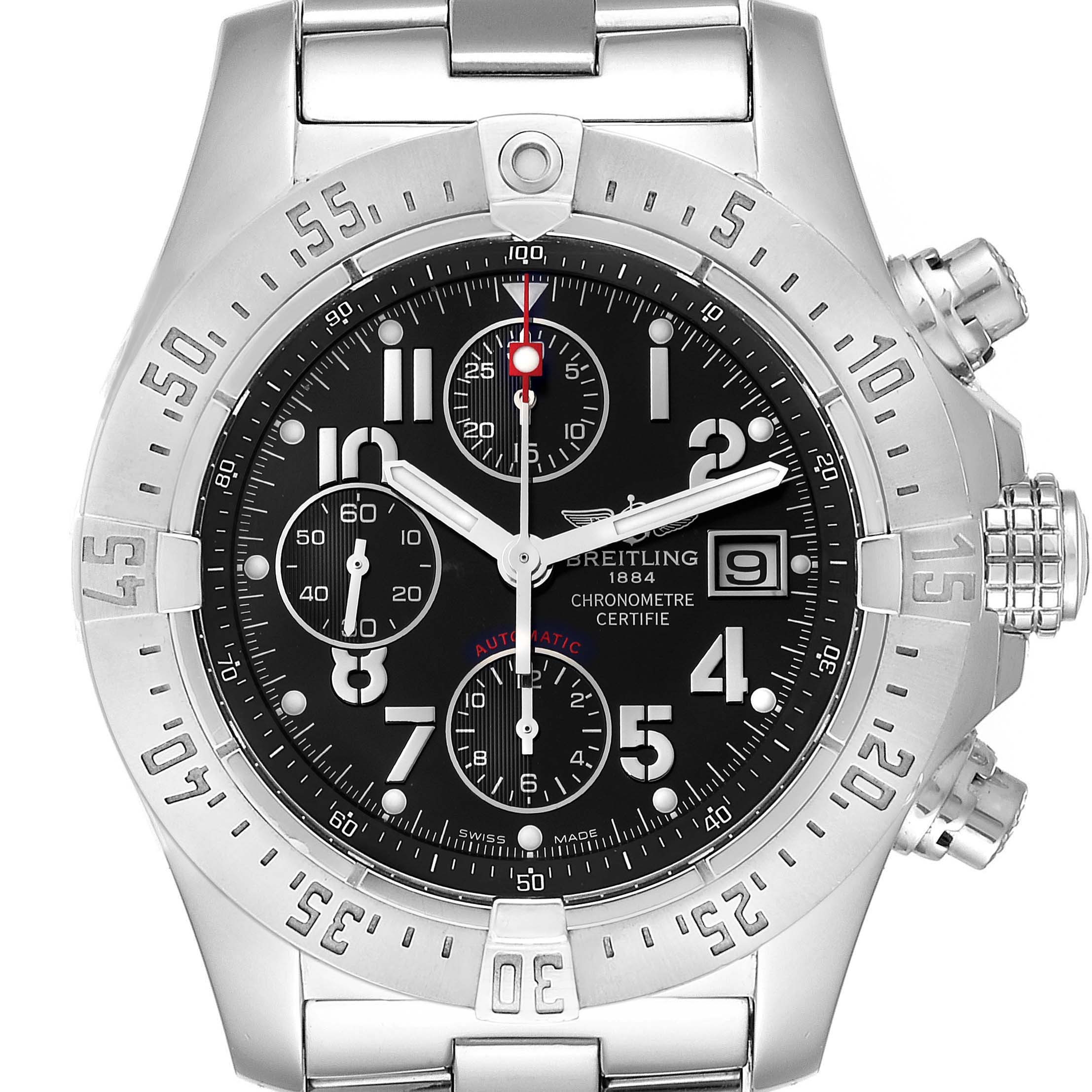 The image shows a front view of the Breitling Avenger A13380 Men's Stainless Steel Black Dial A13380 Men's Stainless Steel Black Dial watch, highlighting its dial, bezel, chronograph sub-dials, and date window.