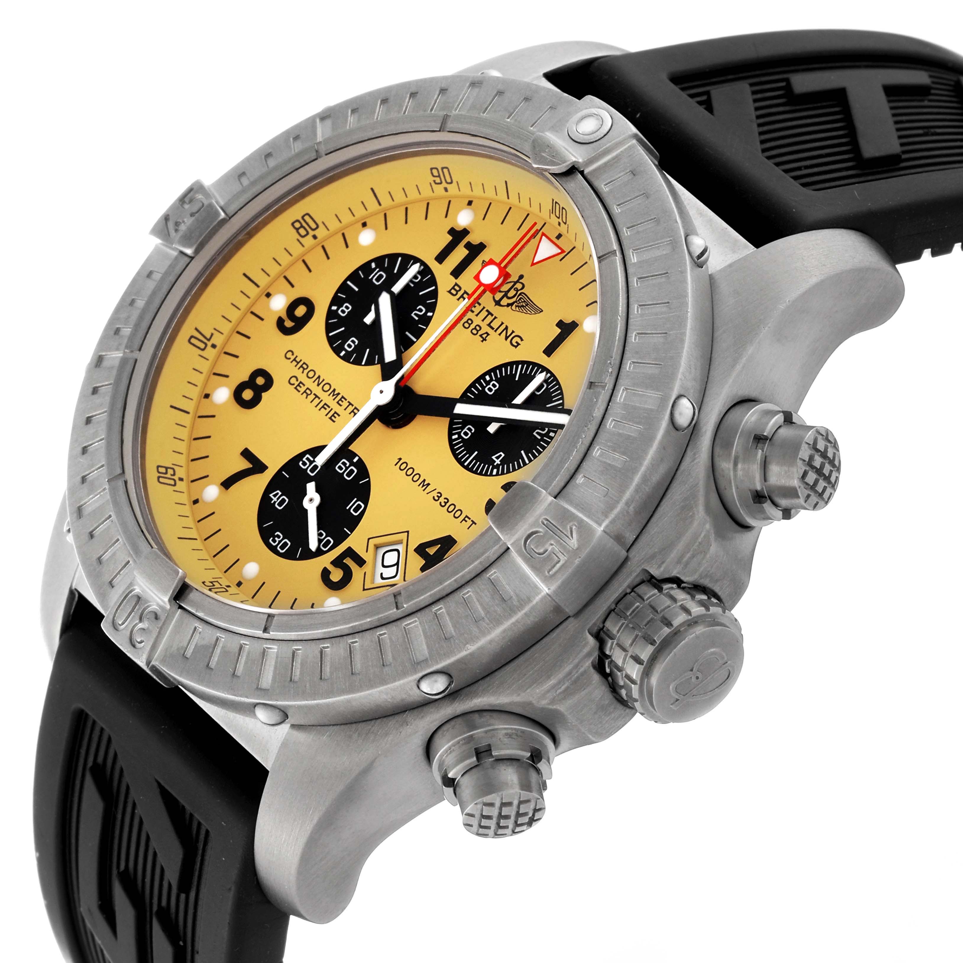 This image shows a Breitling Avenger E73360 Men's Titanium Yellow Dial E73360 Men's Titanium Yellow Dial watch at an oblique angle, highlighting its yellow dial, bezel, crown, and pushers.