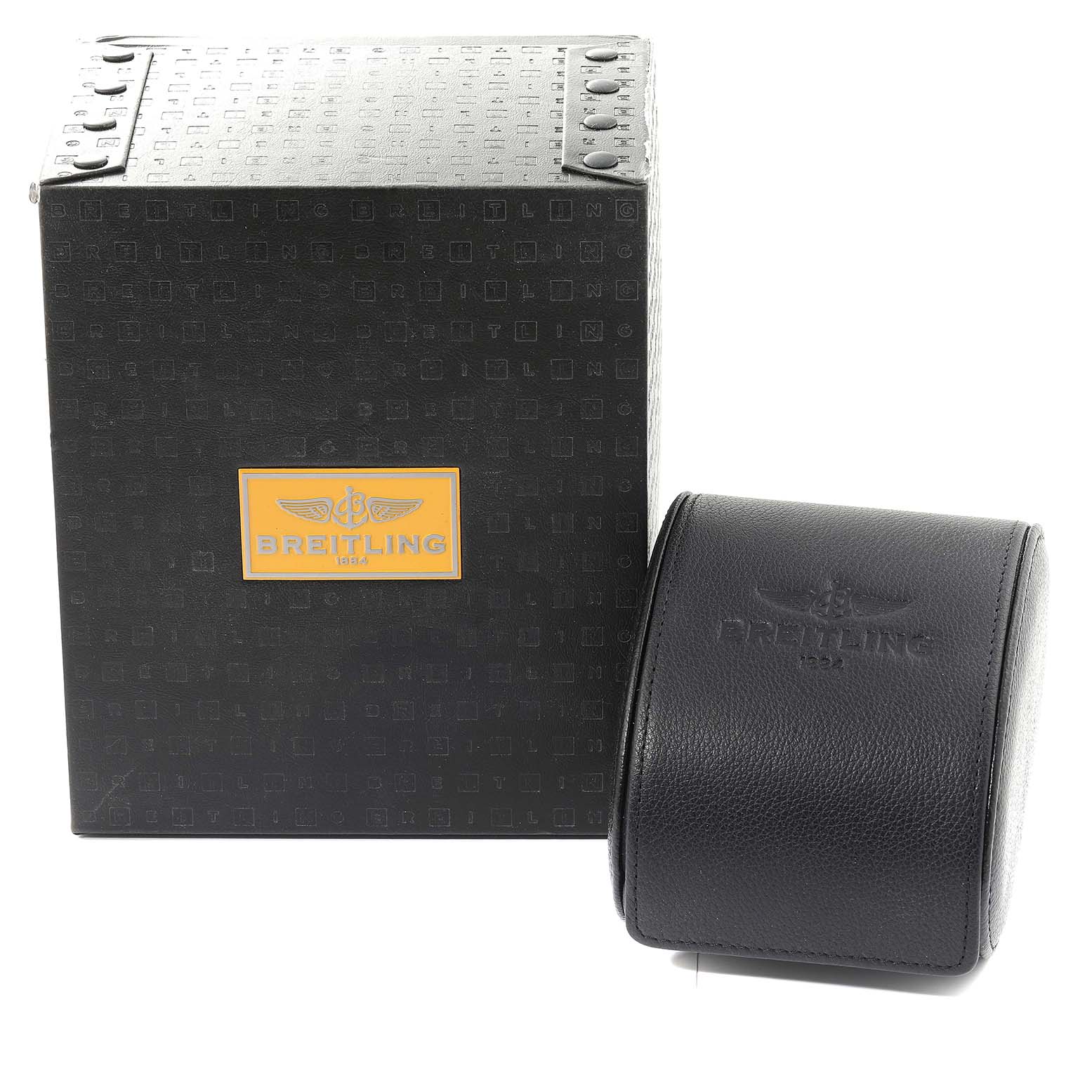 The image shows the packaging of a Breitling Avenger E73360 Men's Titanium Yellow Dial E73360 Men's Titanium Yellow Dial watch, including a branded black box and a leather watch case.