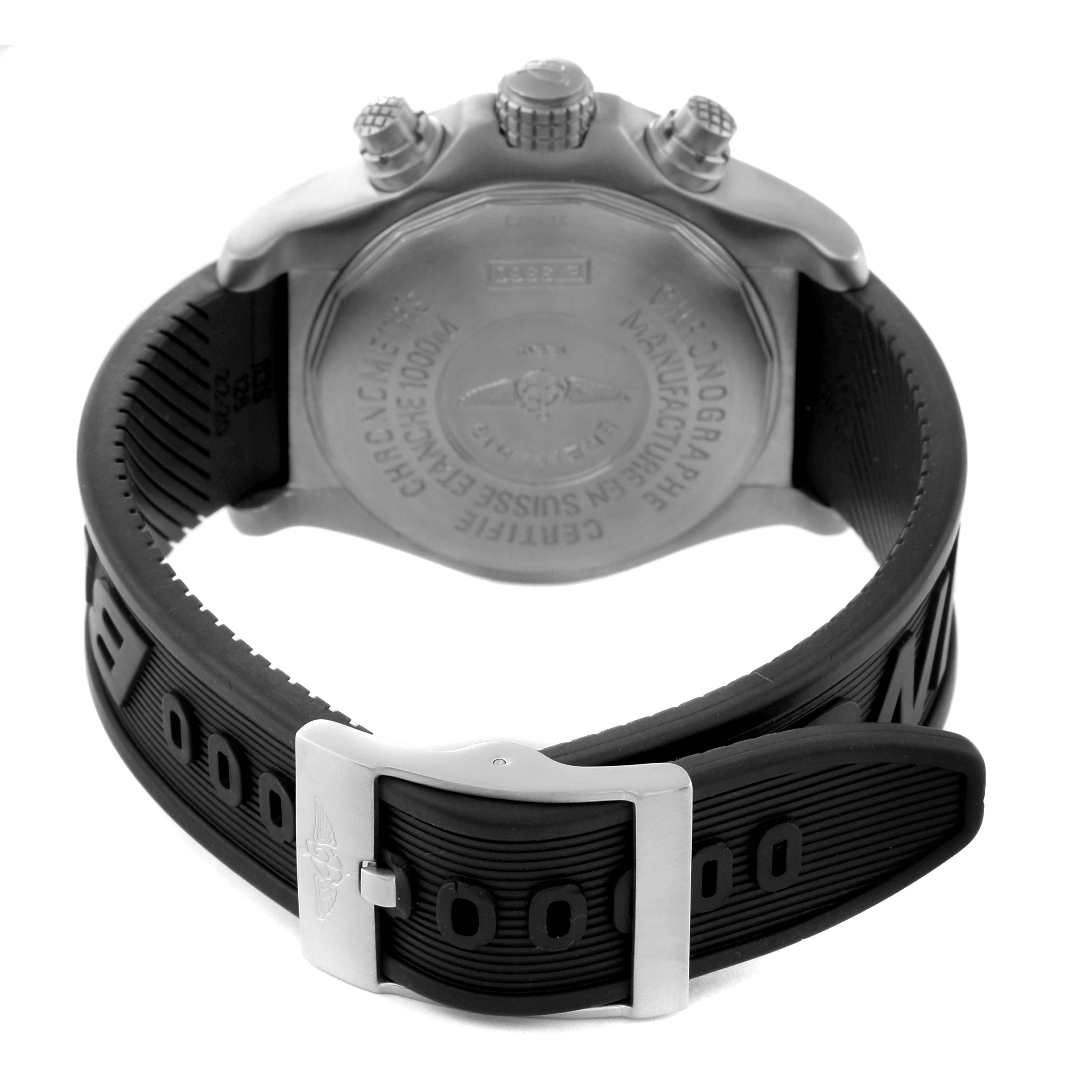 The image shows the back case and strap of a Breitling Avenger E73360 Men's Titanium Yellow Dial E73360 Men's Titanium Yellow Dial watch at an angle highlighting the case back and buckle.