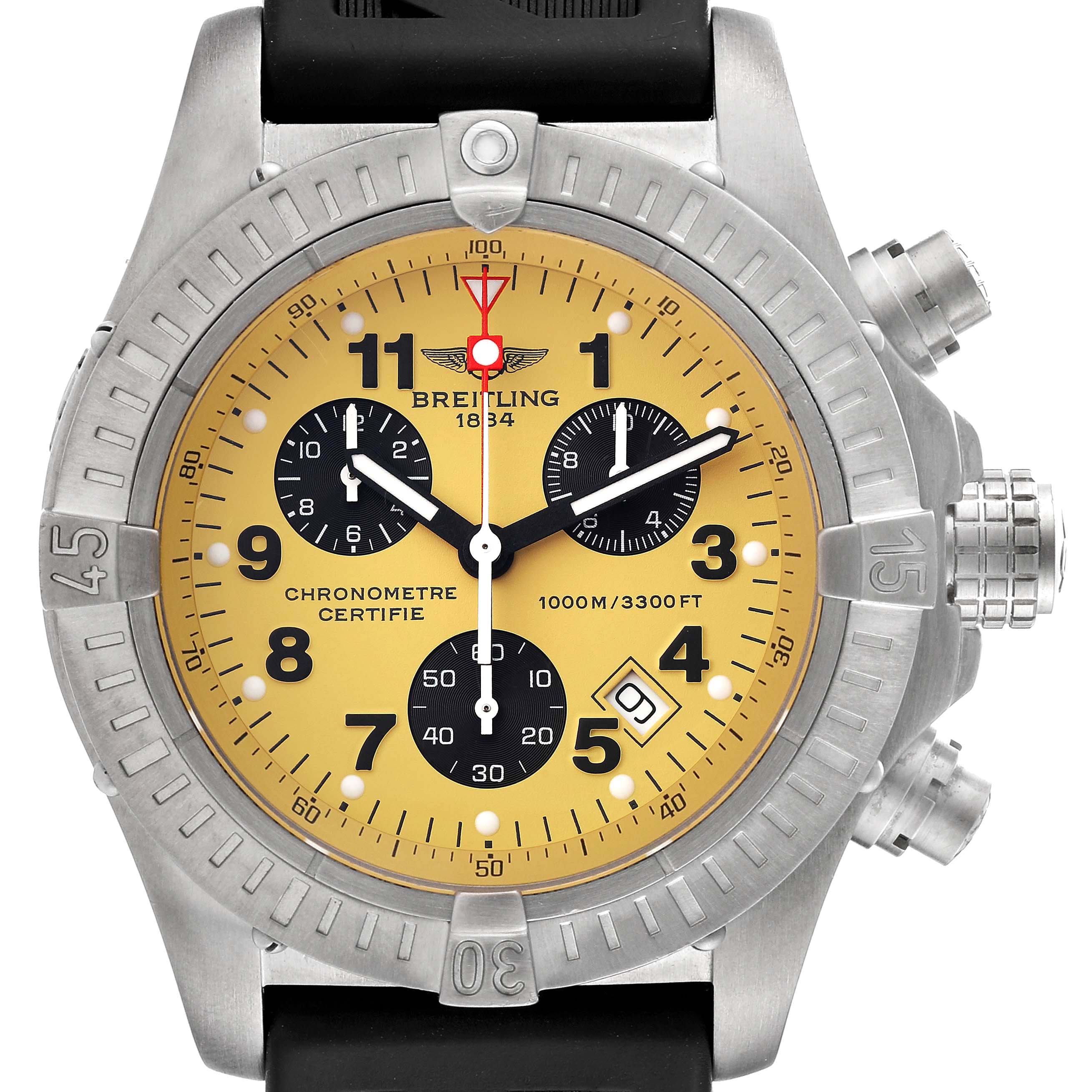The image shows a front view of a Breitling Avenger E73360 Men's Titanium Yellow Dial E73360 Men's Titanium Yellow Dial watch with a yellow dial, black subdials, and a black strap.