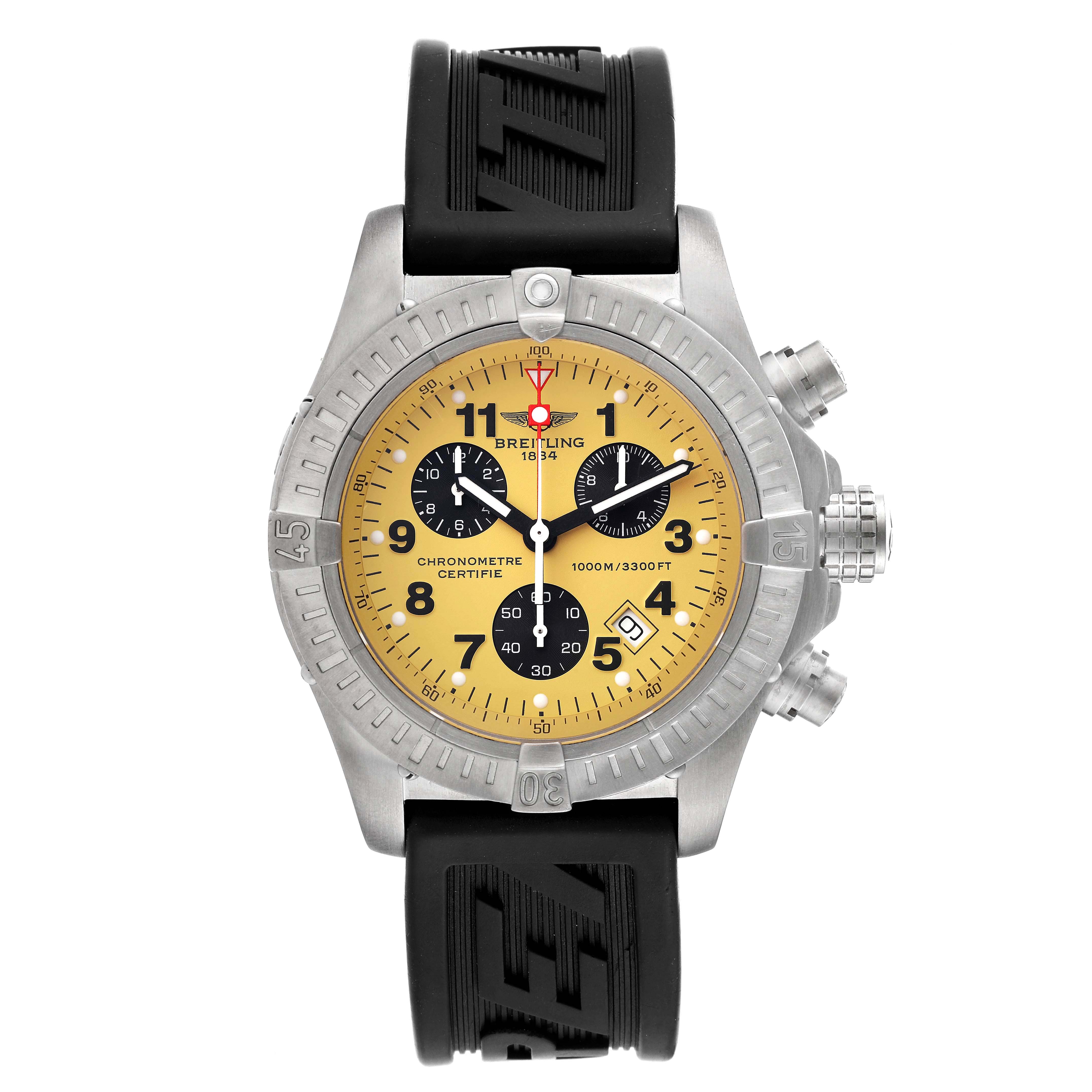 This image shows a front view of a Breitling Avenger E73360 Men's Titanium Yellow Dial E73360 Men's Titanium Yellow Dial model watch, highlighting its yellow dial, black subdials, and black strap.