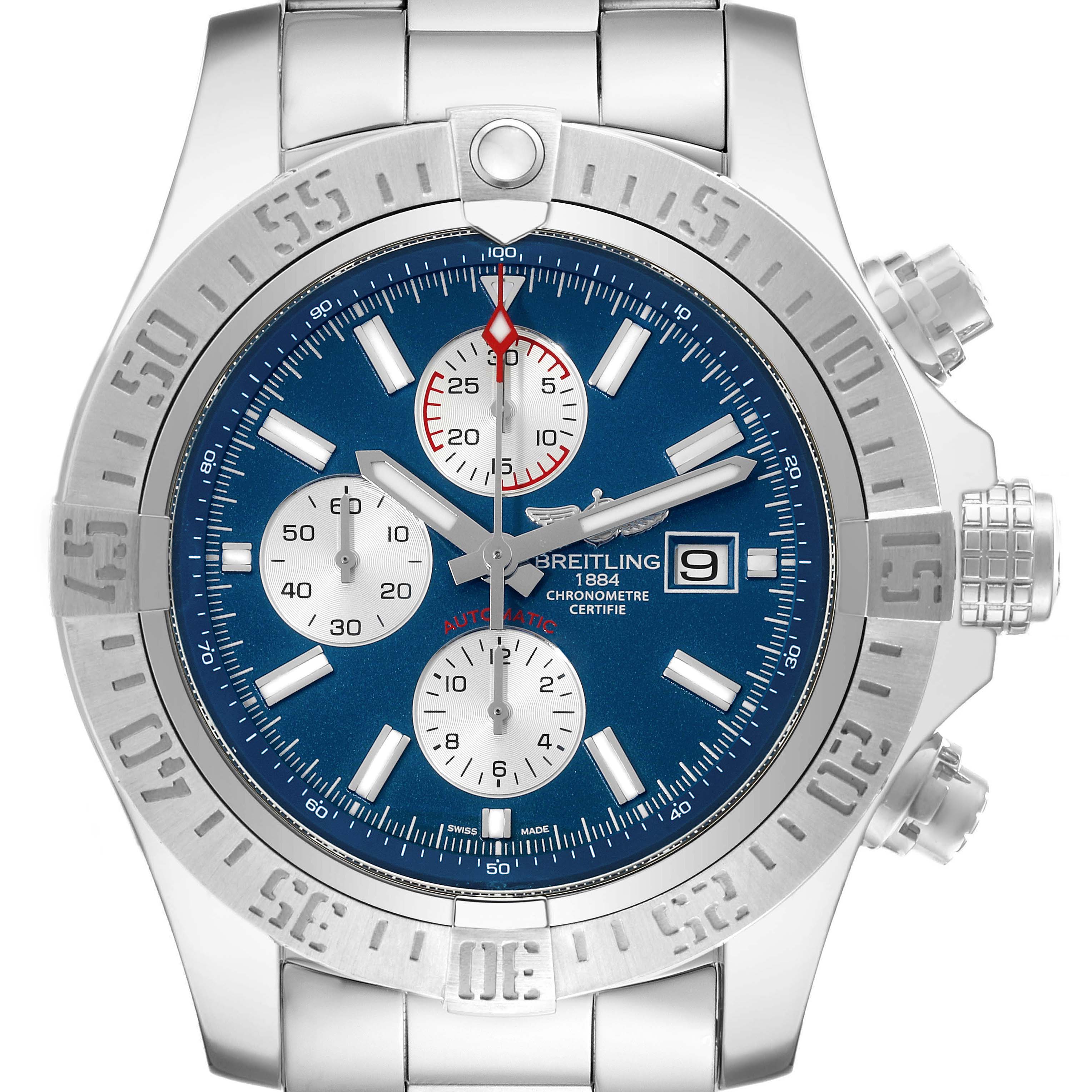 The image shows the front view of a Breitling Avenger A13371 Men's Stainless Steel Blue Dial A13371 Men's Stainless Steel Blue Dial watch, highlighting its bezel, dial, subdials, and bracelet.