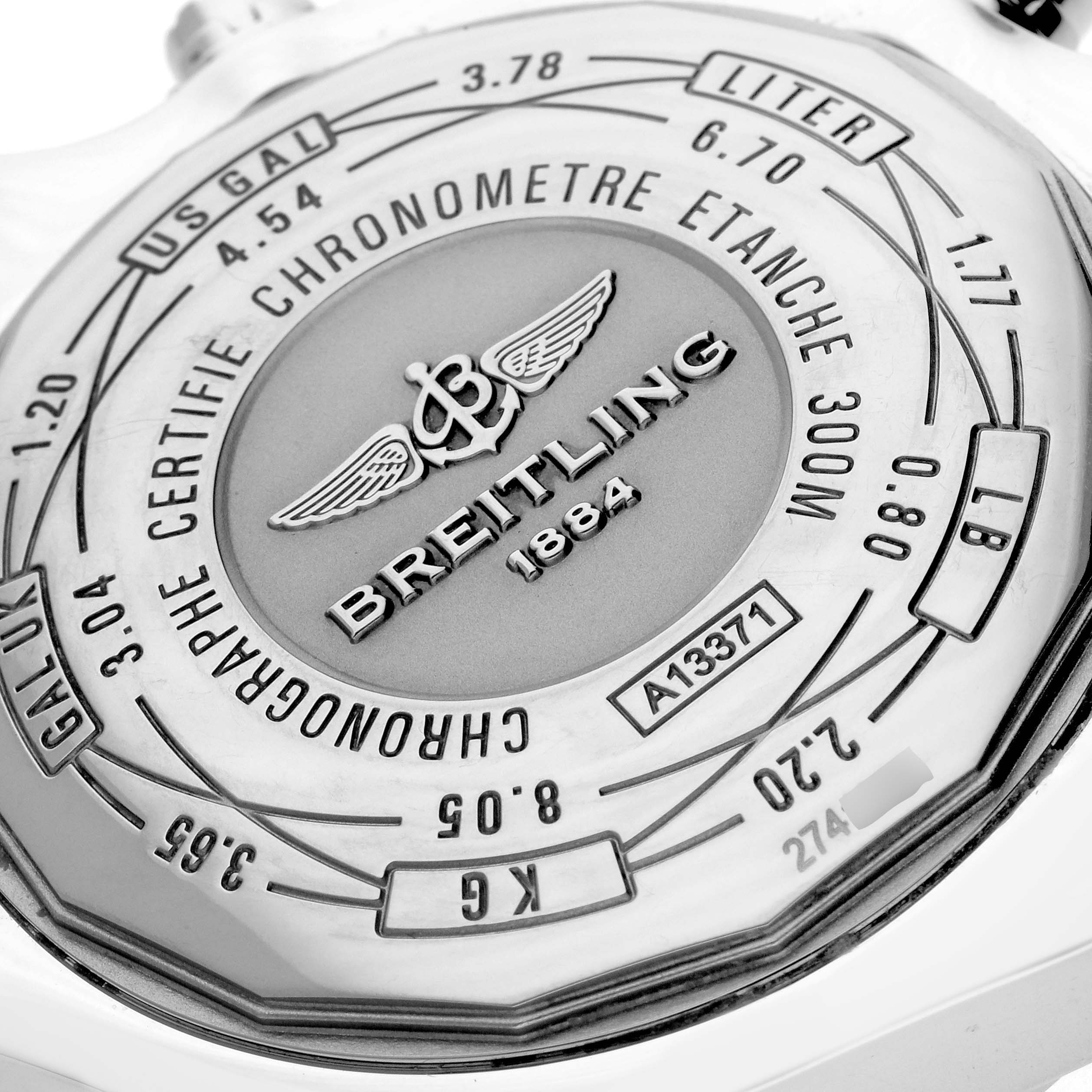 The image shows the back case of the Breitling Avenger A13371 Men's Stainless Steel Blue Dial A13371 Men's Stainless Steel Blue Dial watch, featuring its brand logo and technical engravings.