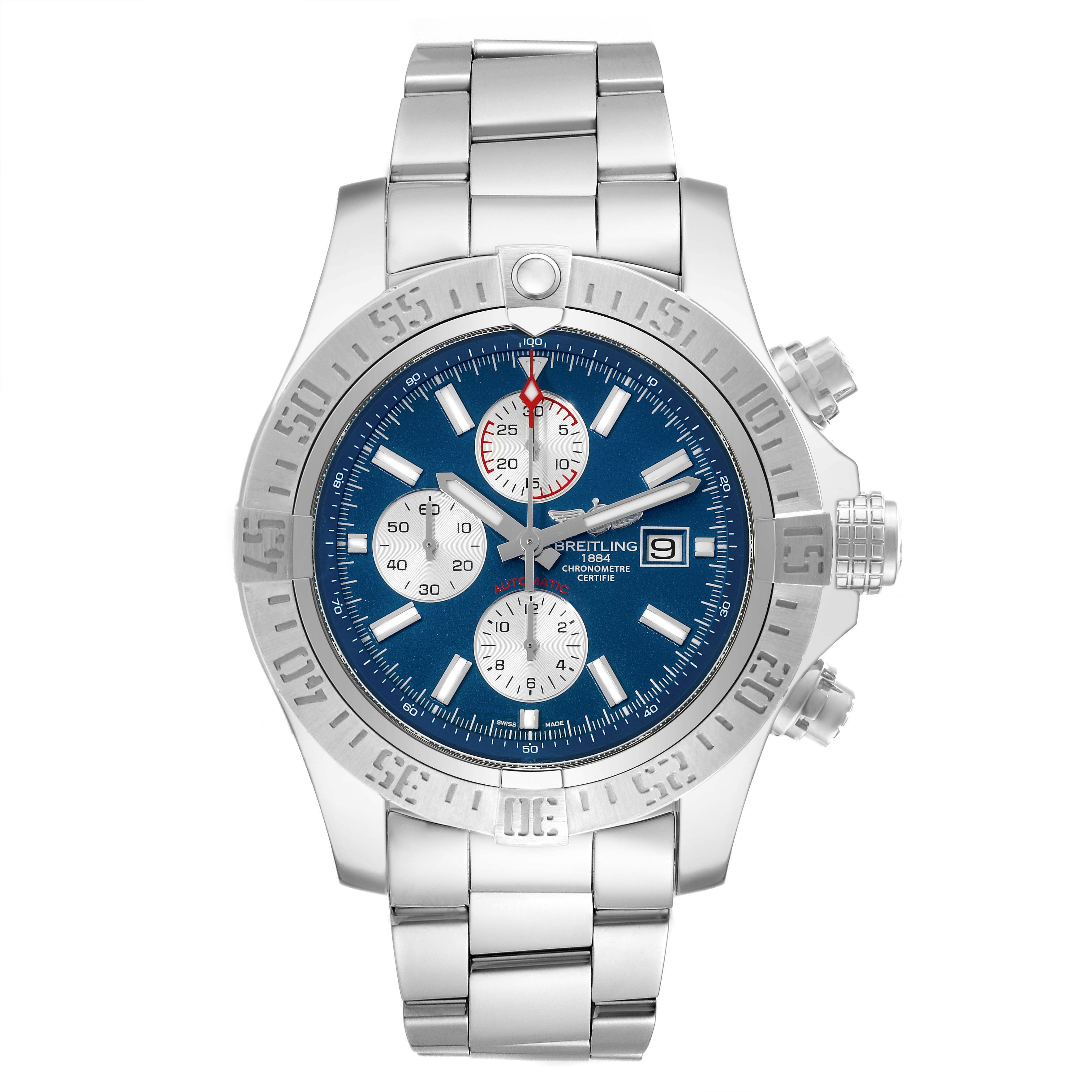 The image shows a front view of a Breitling Avenger A13371 Men's Stainless Steel Blue Dial A13371 Men's Stainless Steel Blue Dial watch, displaying its bracelet, bezel, subdials, and crown.