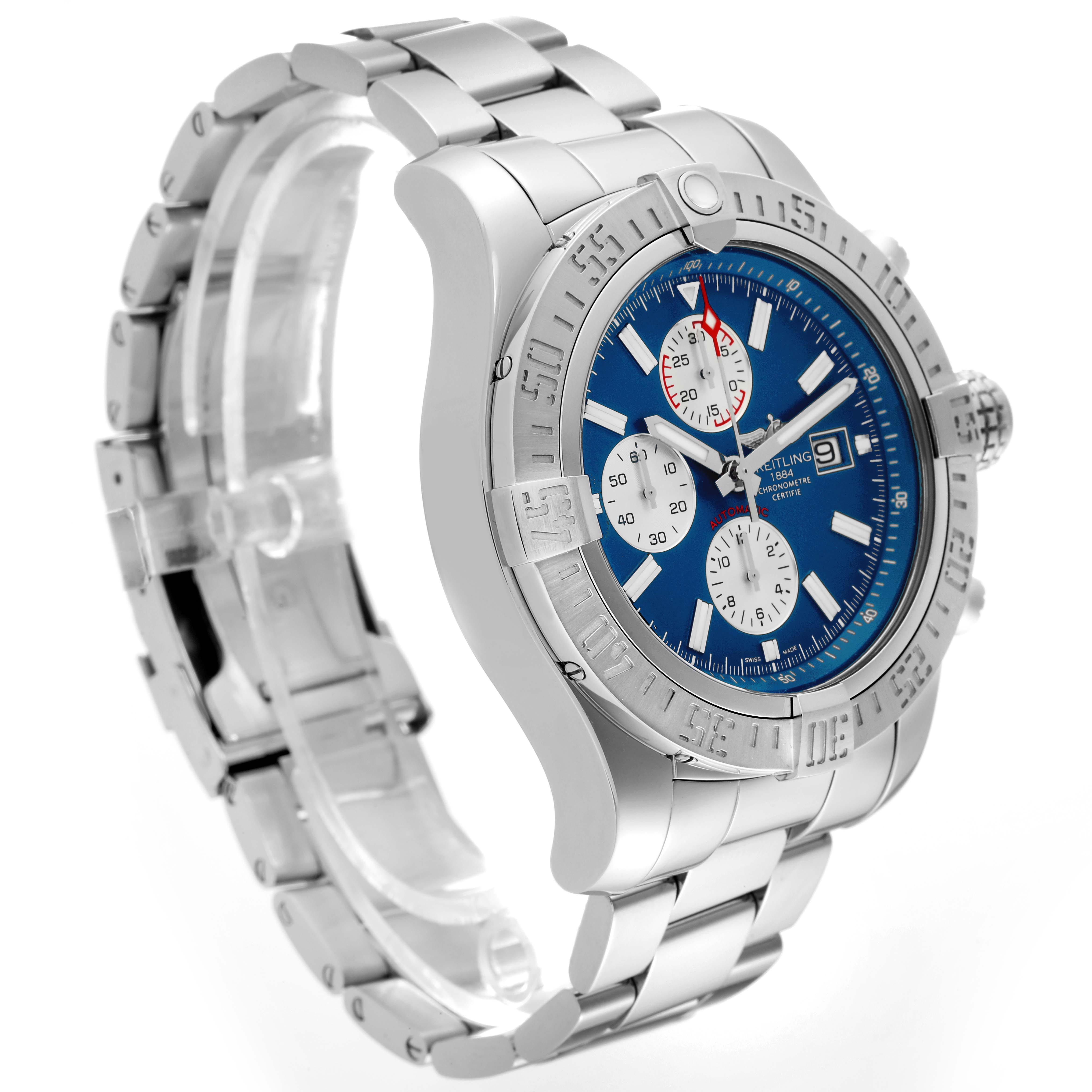 This image shows a Breitling Avenger A13371 Men's Stainless Steel Blue Dial A13371 Men's Stainless Steel Blue Dial watch at a three-quarter angle, revealing the face, bezel, and bracelet.