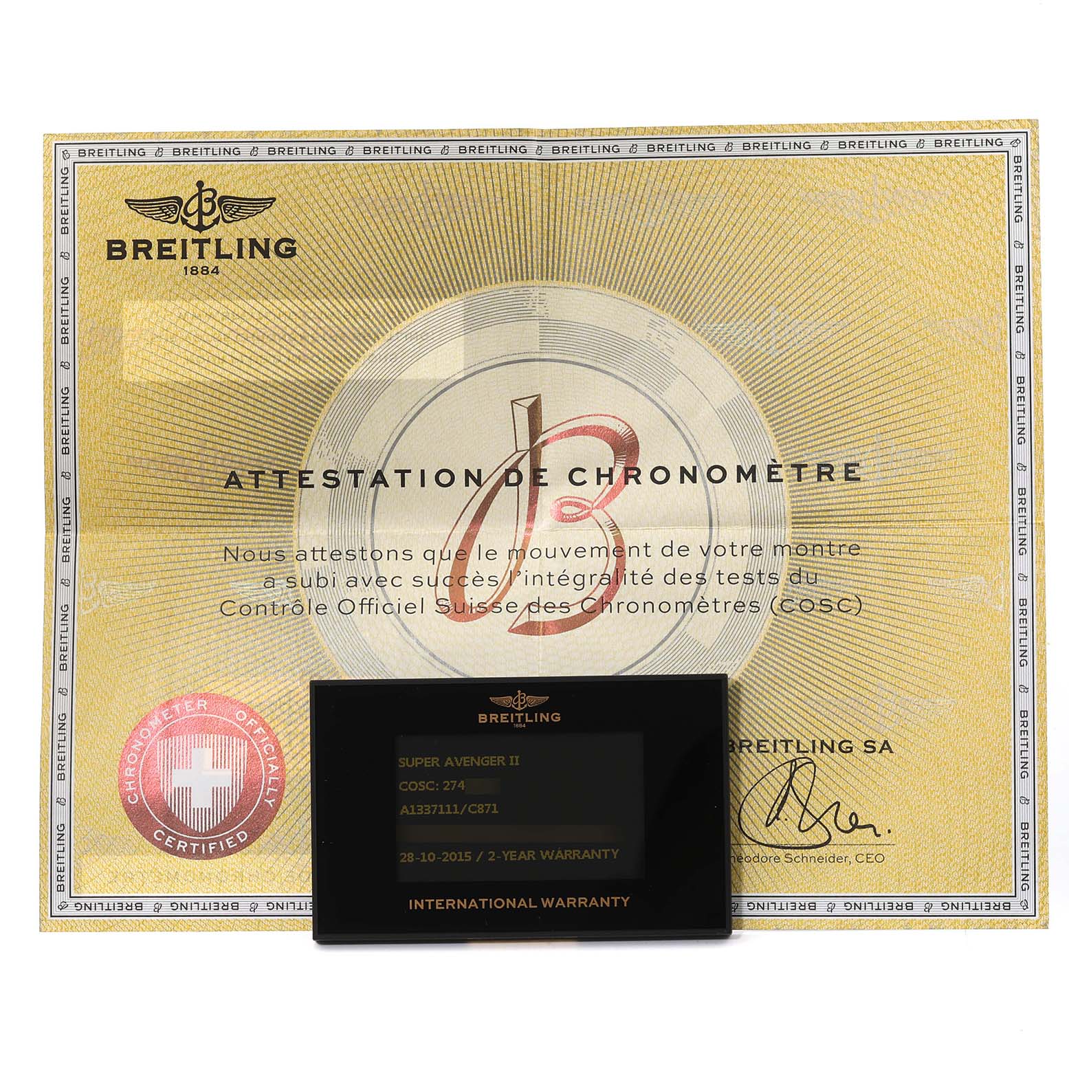 The image shows a Breitling Avenger A13371 Men's Stainless Steel Blue Dial A13371 Men's Stainless Steel Blue Dial model's chronometer certificate and international warranty card placed on top.