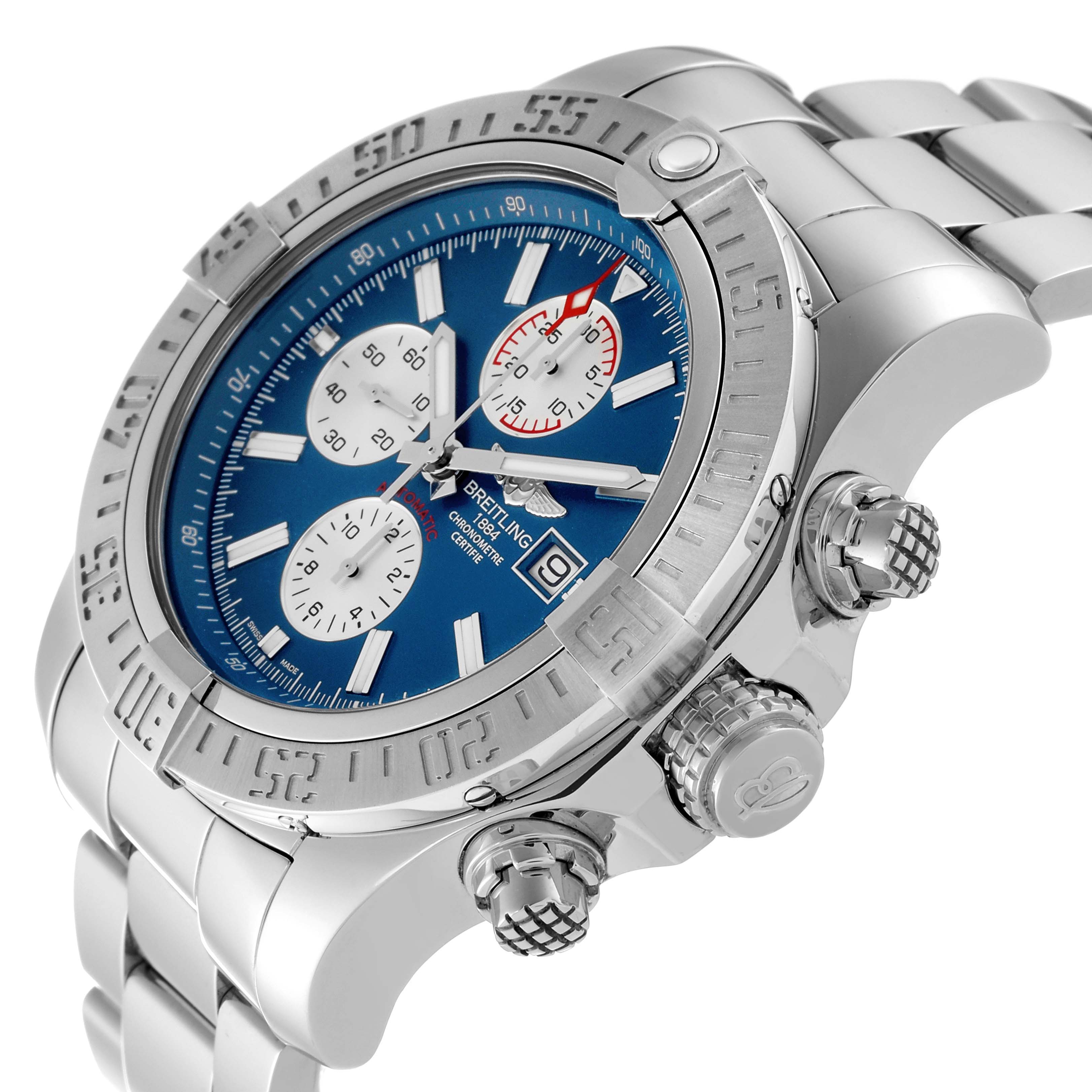 The image shows a Breitling Avenger A13371 Men's Stainless Steel Blue Dial A13371 Men's Stainless Steel Blue Dial watch at a three-quarter angle, highlighting its chronograph dials, date display, and metal bracelet.