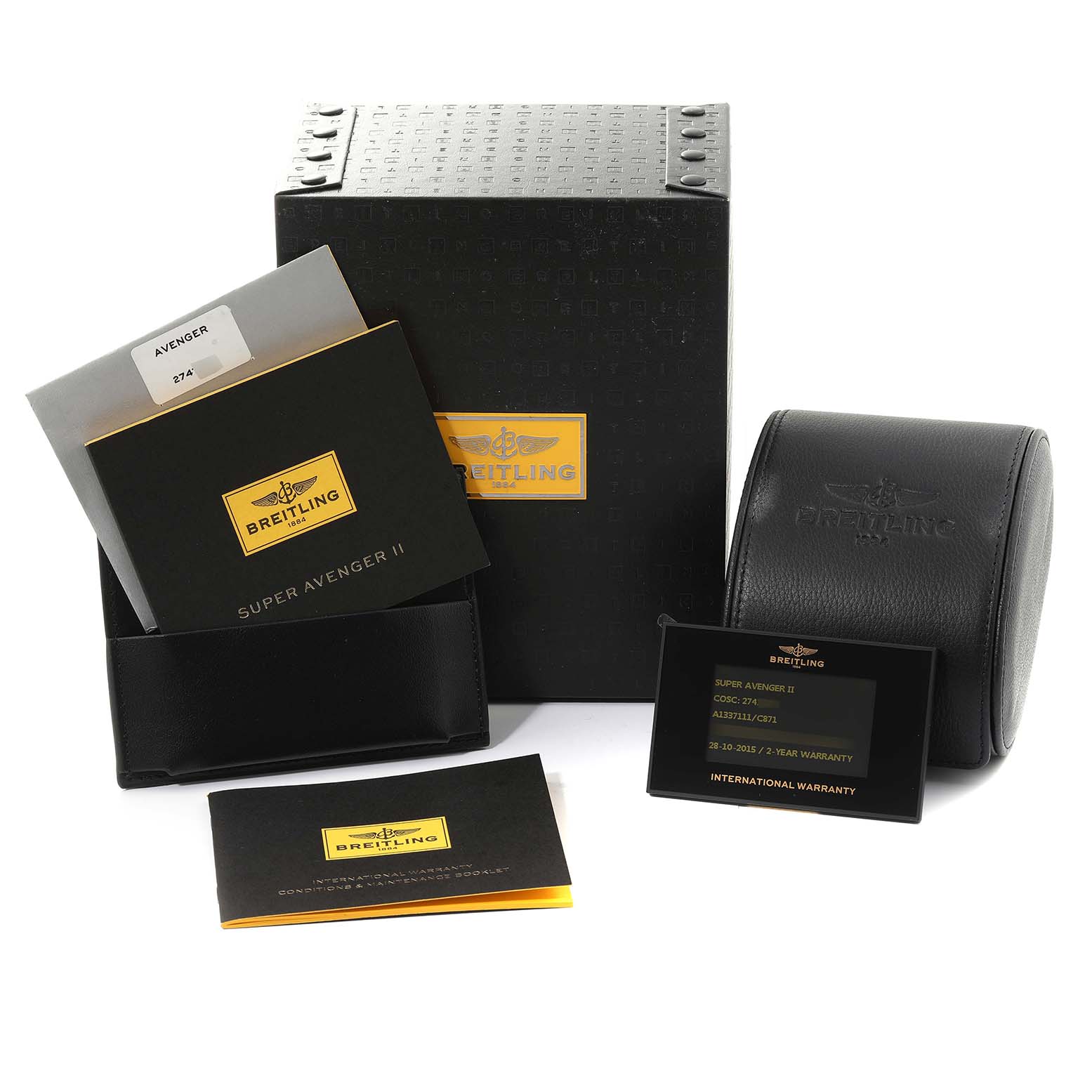 The image shows the packaging, manuals, and warranty card for a Breitling Avenger A13371 Men's Stainless Steel Blue Dial A13371 Men's Stainless Steel Blue Dial watch.