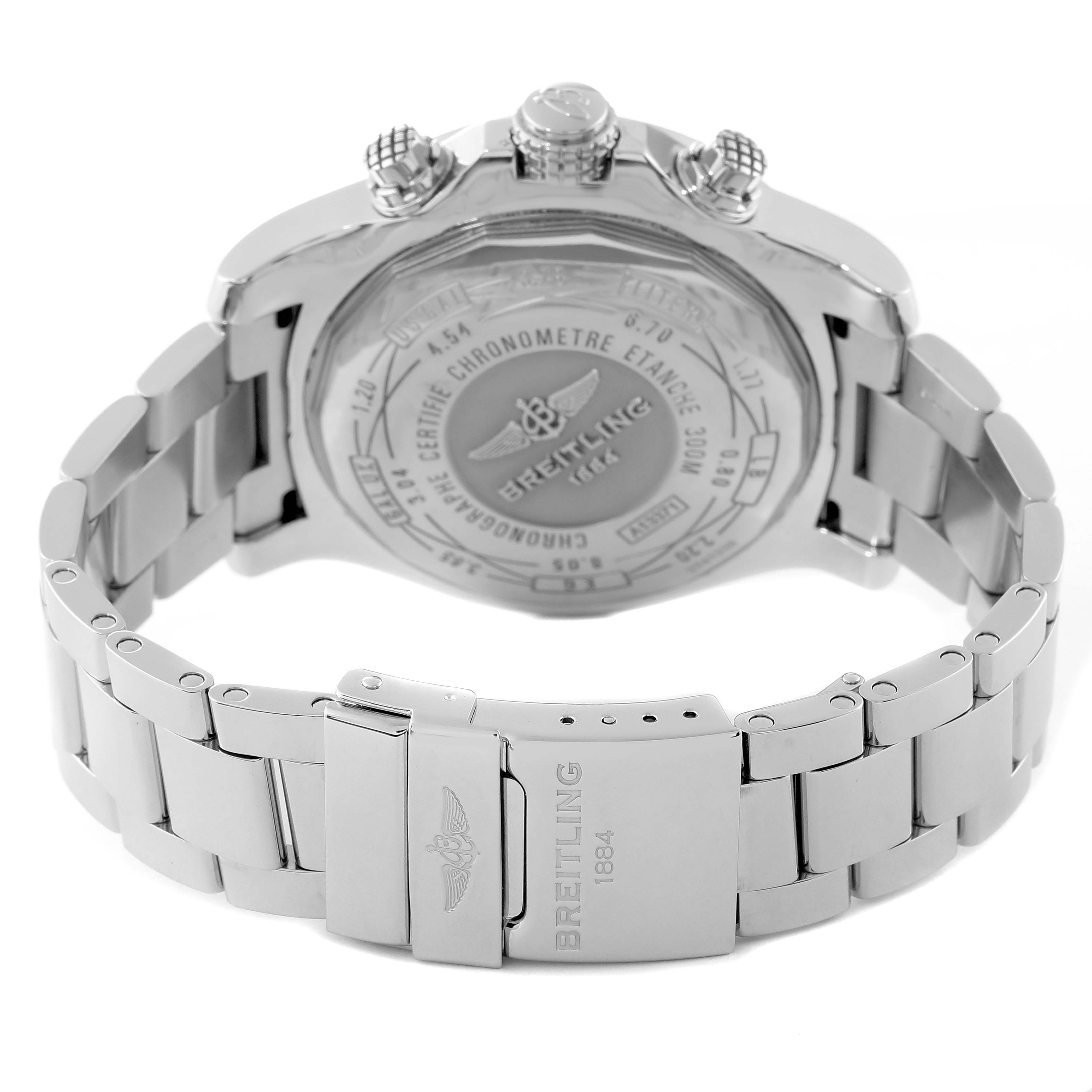 The image shows the rear view of a Breitling Avenger A13371 Men's Stainless Steel Blue Dial A13371 Men's Stainless Steel Blue Dial watch, highlighting the case back and metal bracelet with clasp.