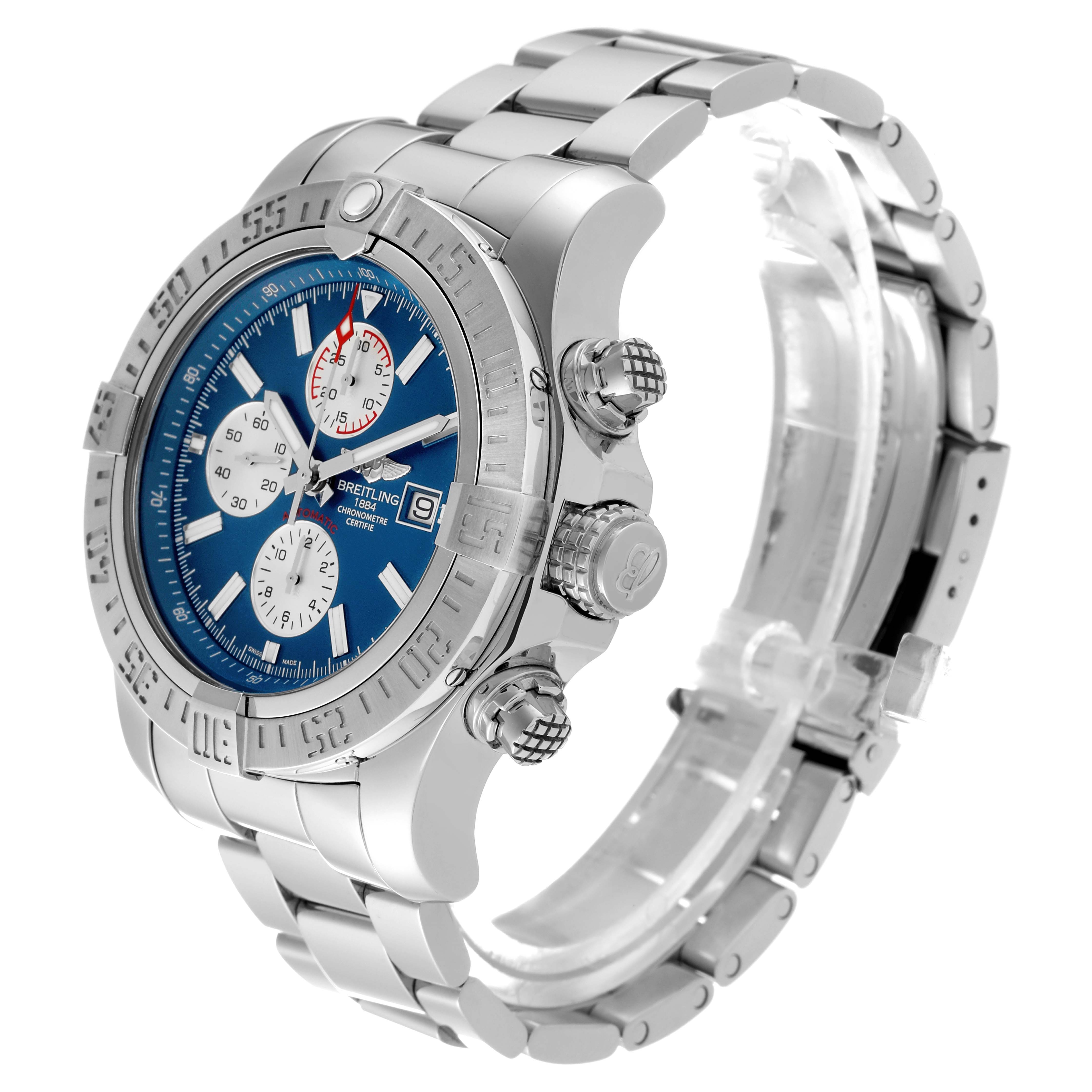 The image shows a Breitling Avenger A13371 Men's Stainless Steel Blue Dial A13371 Men's Stainless Steel Blue Dial model watch from an angled side view, highlighting its dial, bezel, crown, and metal bracelet.