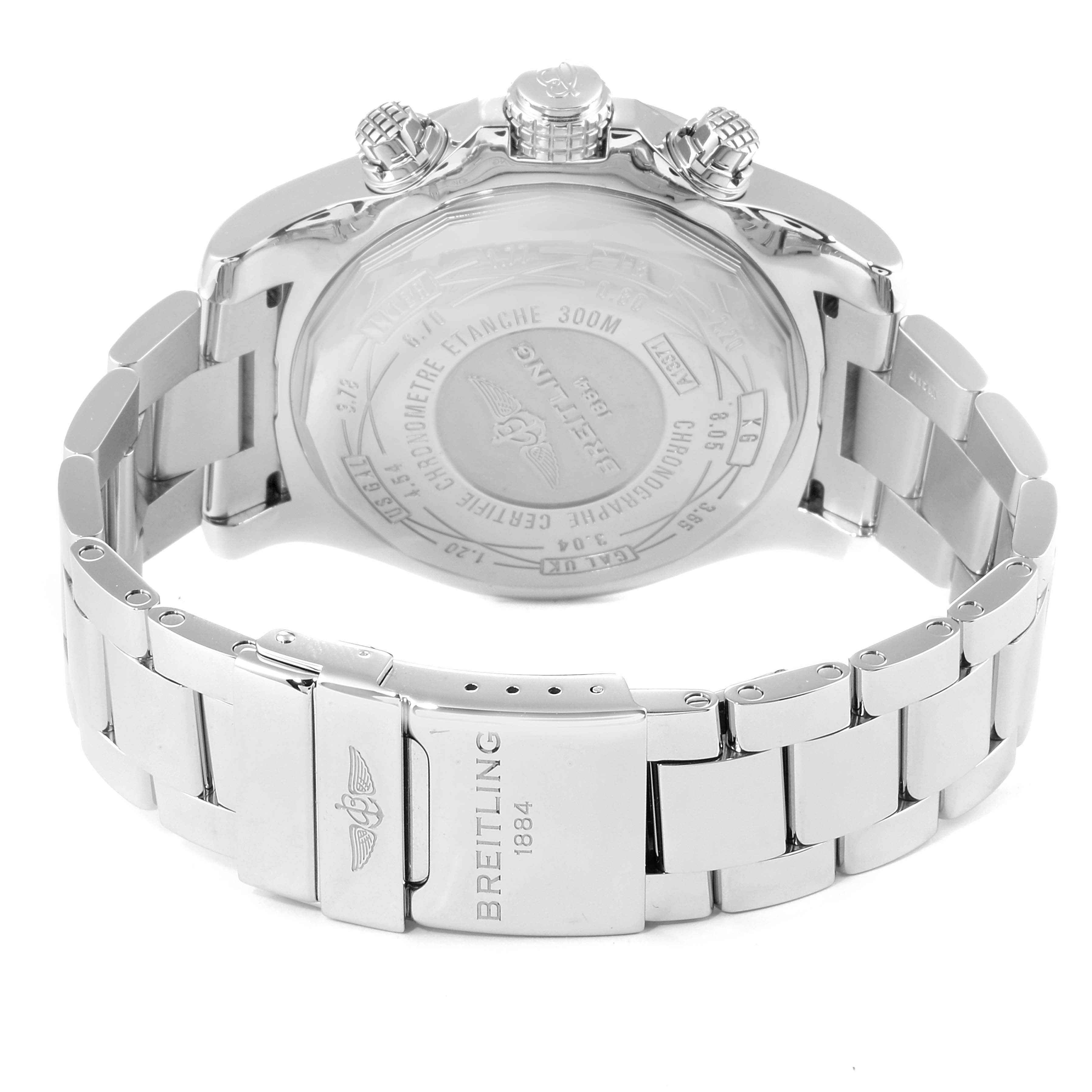 This image shows the back case and bracelet of a Breitling Avenger A13371 Men
s Stainless Steel Black Dial A13371 Men
s Stainless Steel Black Dial watch from a rear angle.