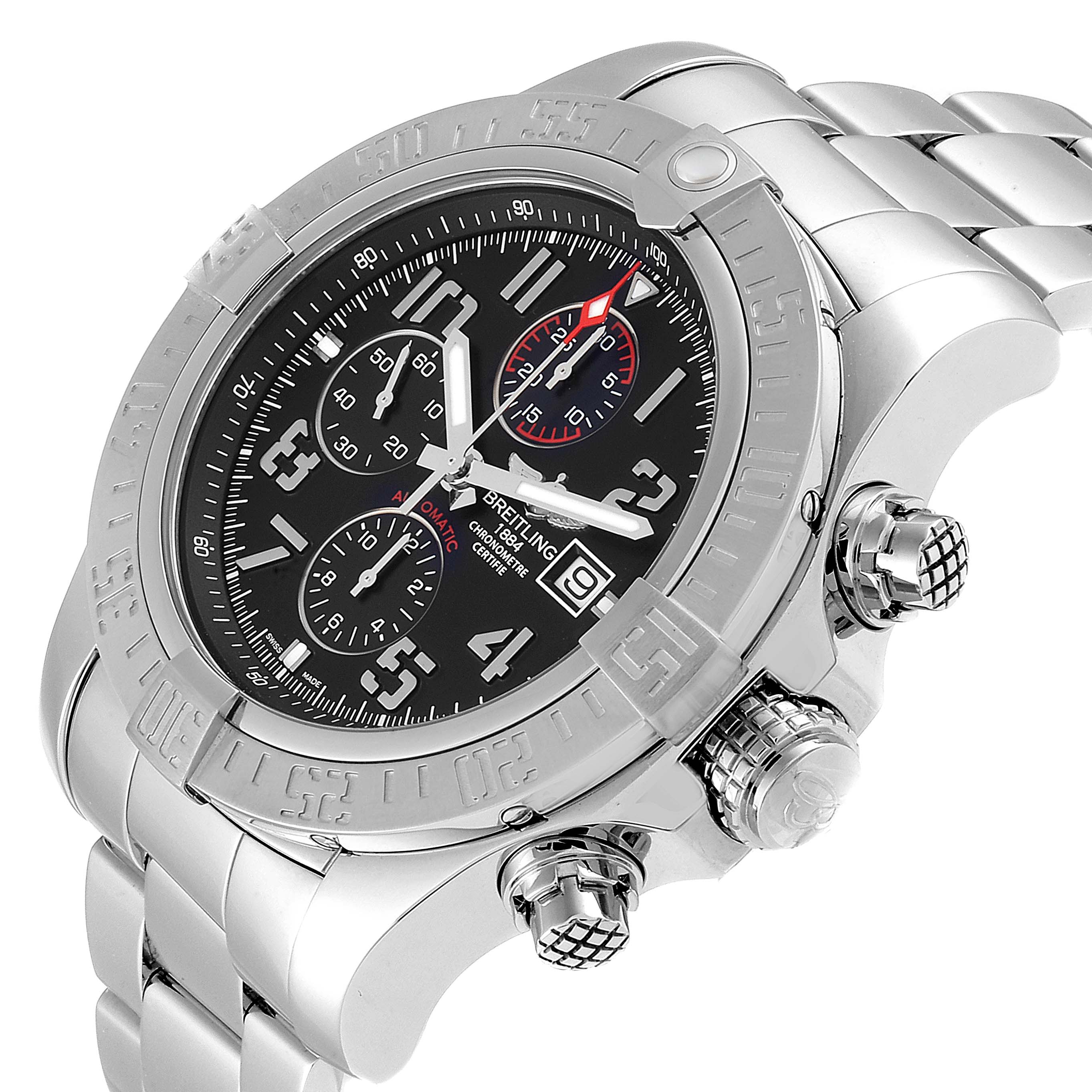 The Breitling Avenger A13371 Men
s Stainless Steel Black Dial A13371 Men
s Stainless Steel Black Dial watch is shown at an angle highlighting the face, bezel, bracelet, and screw-down crown.