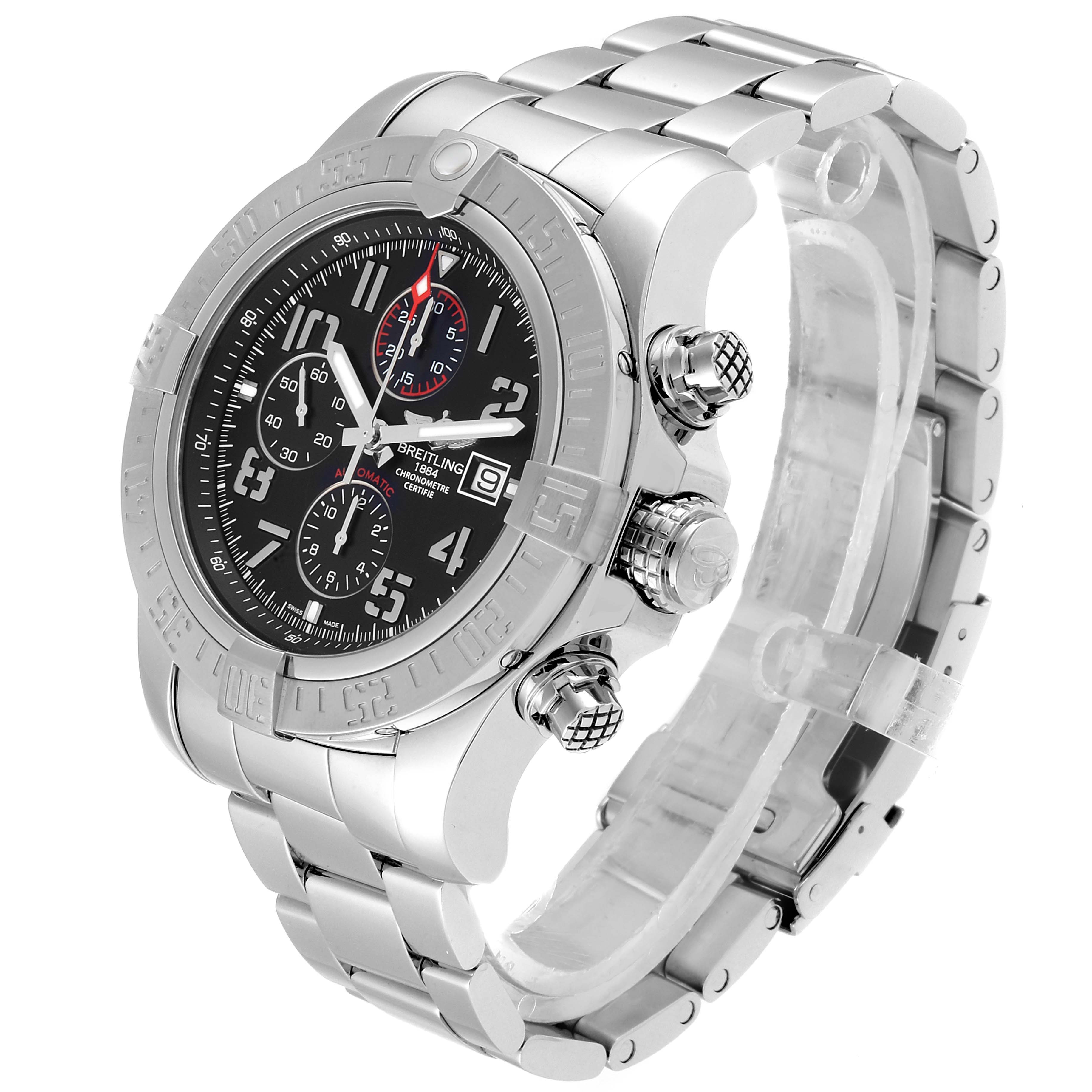 The image shows a Breitling Avenger A13371 Men
s Stainless Steel Black Dial A13371 Men
s Stainless Steel Black Dial watch from a side angle, highlighting the dial, bezel, pushers, crown, and bracelet.