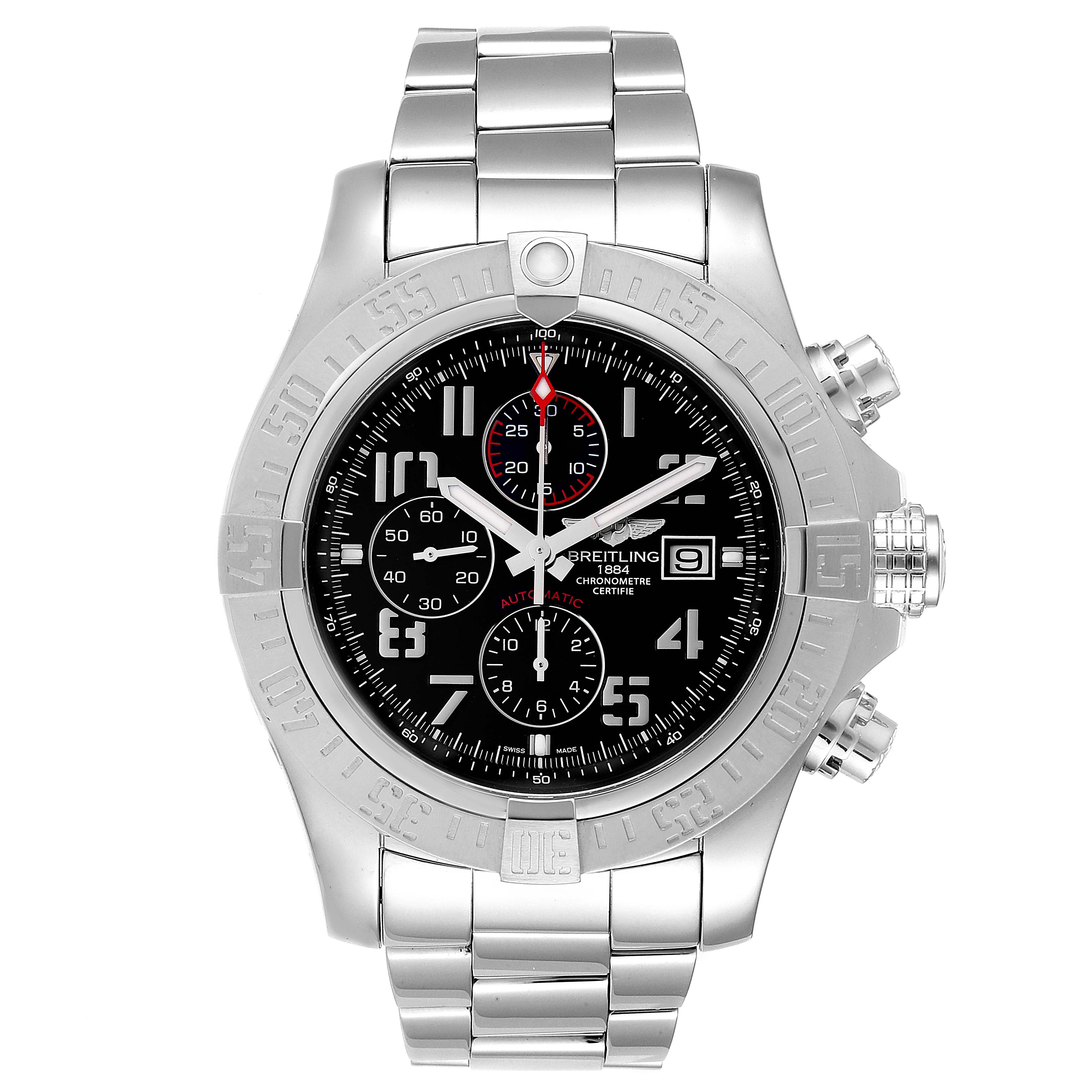 This image shows a Breitling Avenger A13371 Men
s Stainless Steel Black Dial A13371 Men
s Stainless Steel Black Dial watch from a front angle, highlighting its dial, bezel, and stainless steel bracelet.