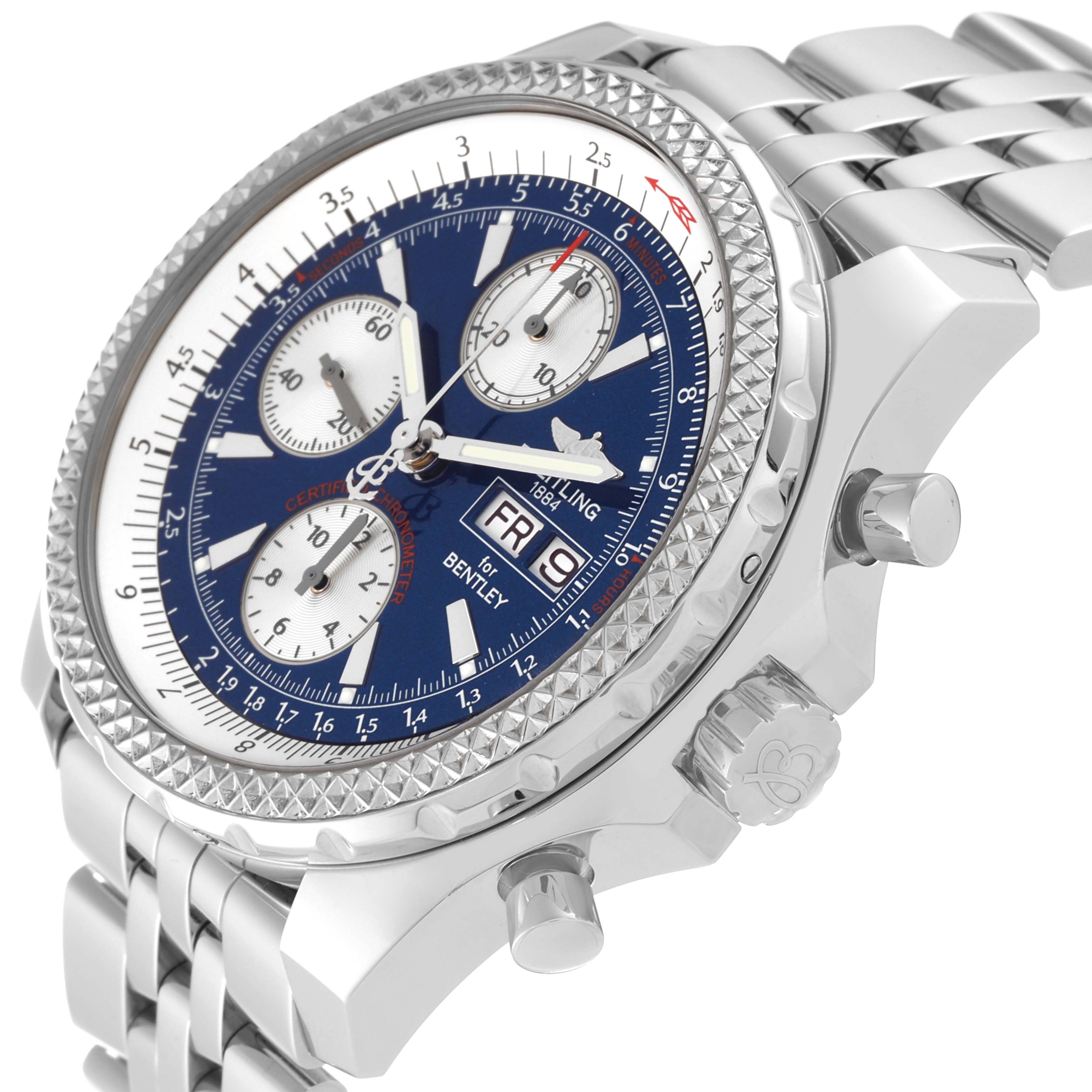 The Breitling Bentley A13362 Men
s Stainless Steel Blue Dial A13362 Men
s Stainless Steel Blue Dial watch is shown at a right-side angle, highlighting the bezel, crown, pushers, and part of the bracelet.