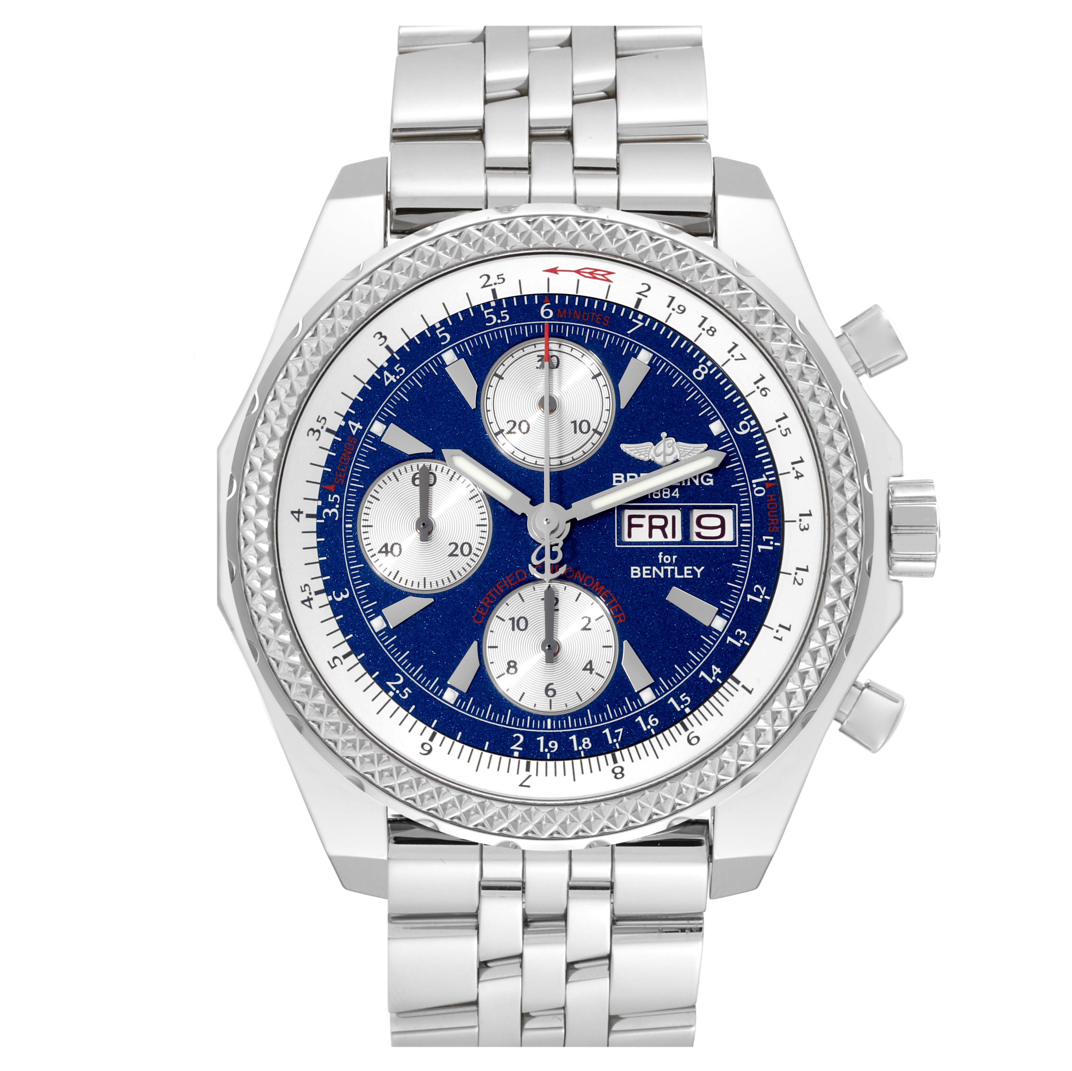 The image shows a frontal view of the Breitling Bentley A13362 Men
s Stainless Steel Blue Dial A13362 Men
s Stainless Steel Blue Dial watch, highlighting its blue dial, chronograph sub-dials, and metal bracelet.