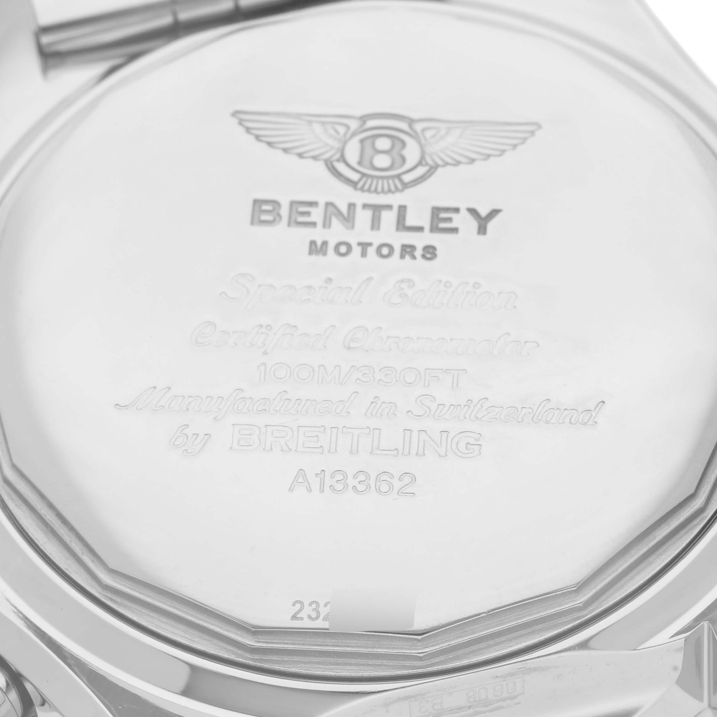The image shows the back case of the Bentley model by Breitling, including engravings and brand details.