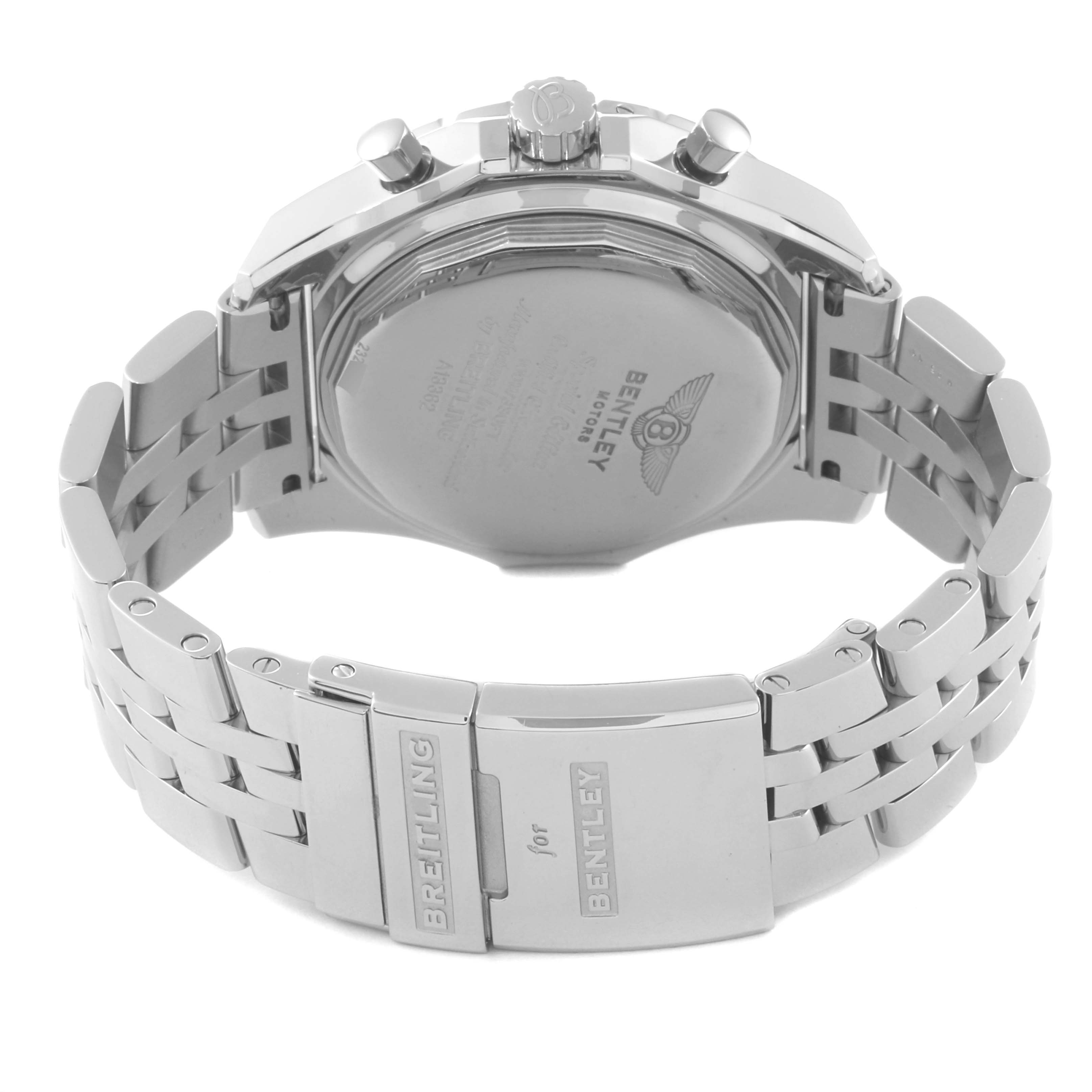 The image shows the back view of the Breitling Bentley A13362 Men
s Stainless Steel Blue Dial A13362 Men
s Stainless Steel Blue Dial model watch, highlighting the clasp and metal bracelet.