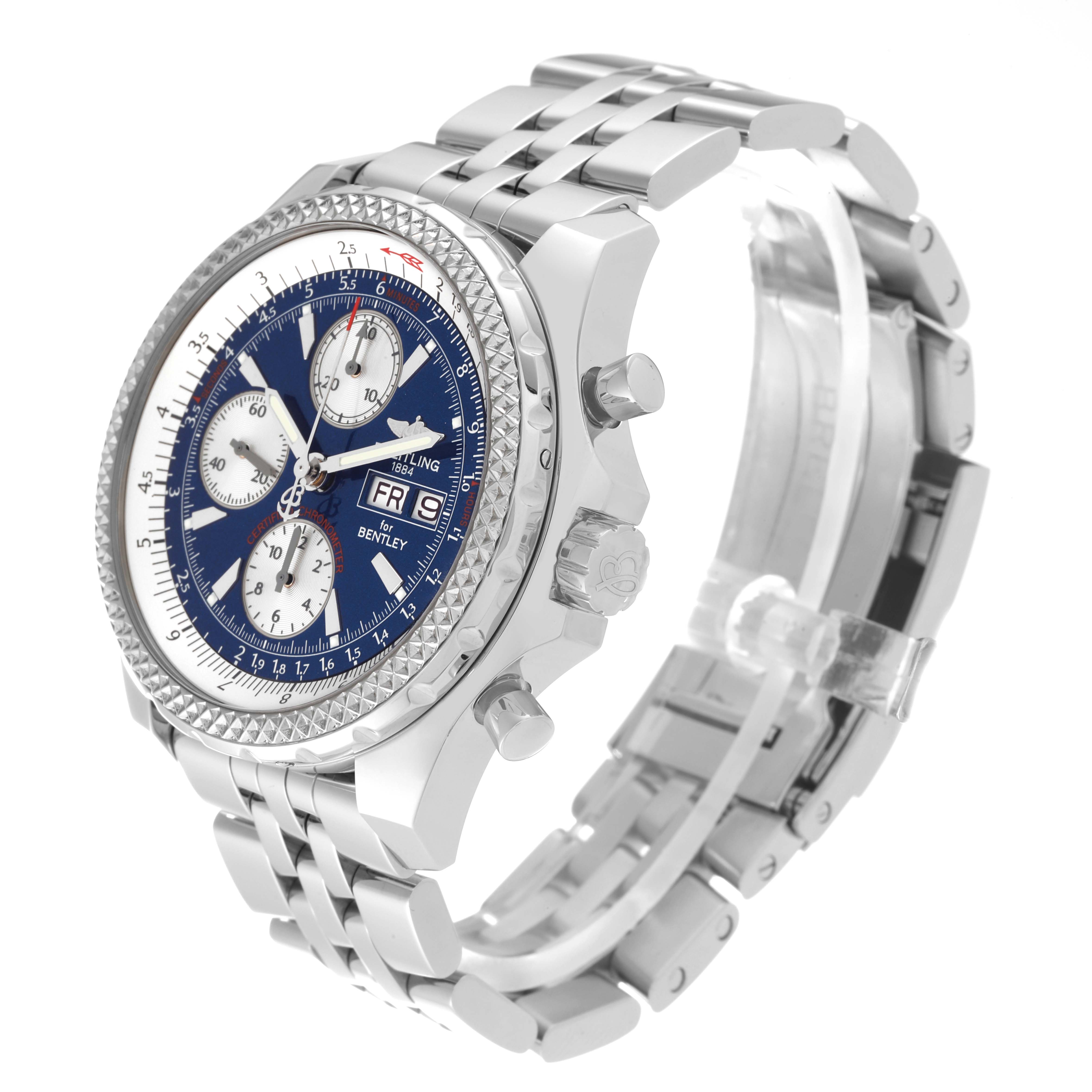 The image shows a Breitling Bentley A13362 Men
s Stainless Steel Blue Dial A13362 Men
s Stainless Steel Blue Dial model watch at a three-quarter angle, displaying its face, side buttons, and metal strap.