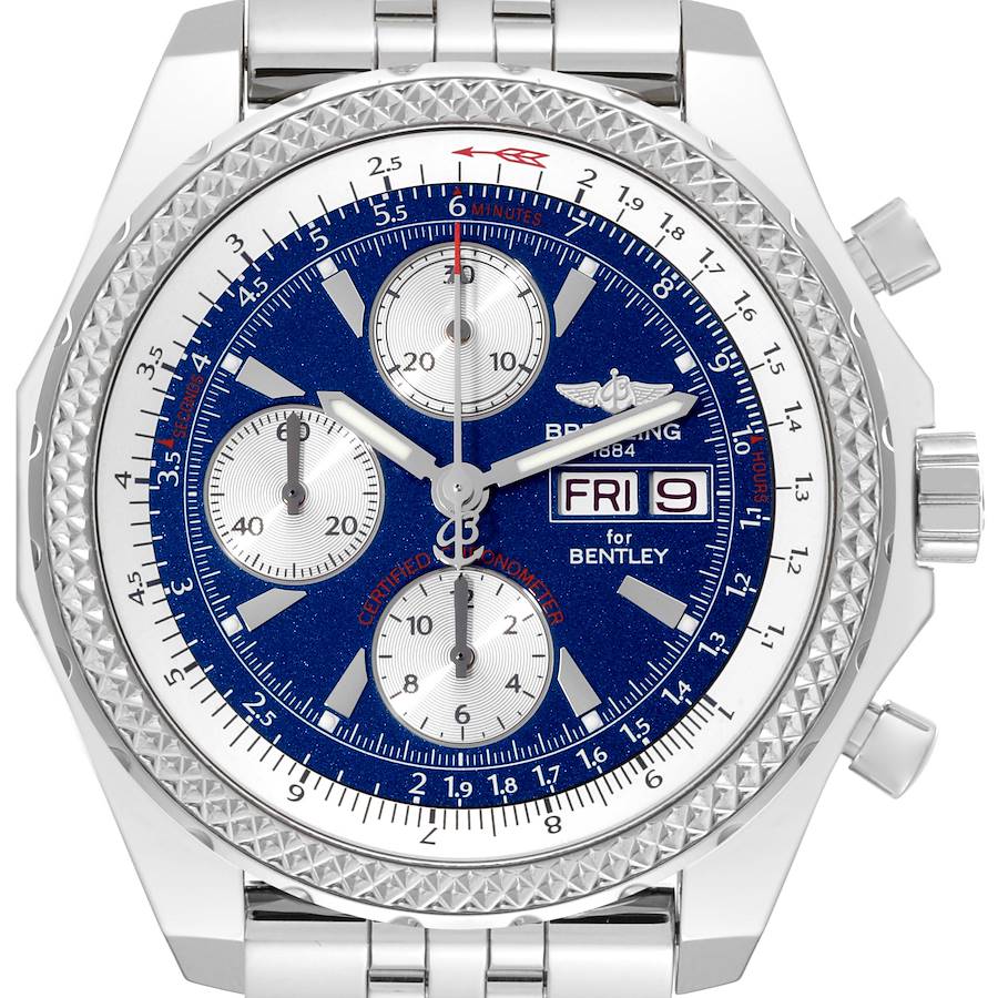 The image shows the front view of a Breitling Bentley model watch with a metal bracelet and three subdials.