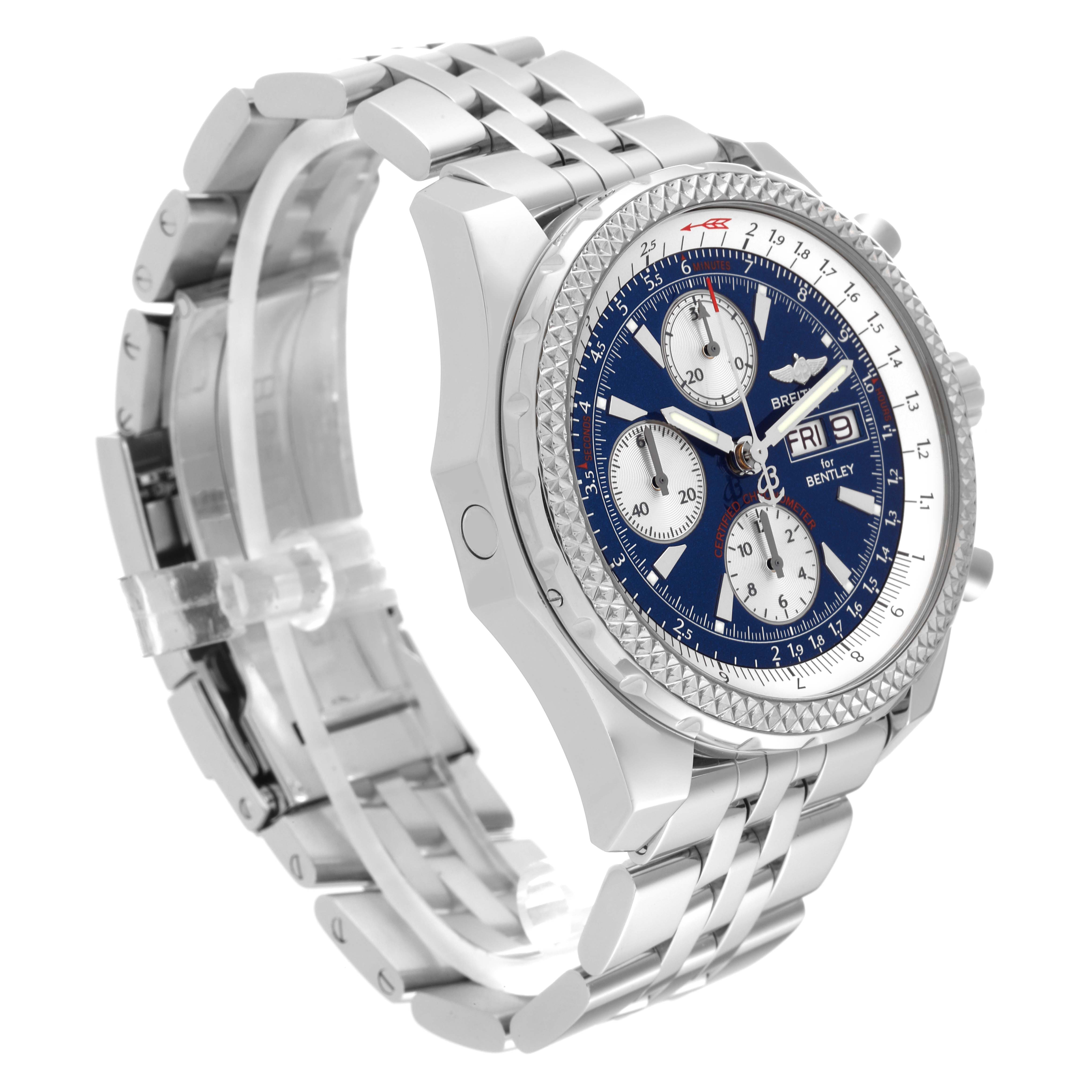 The image shows a Breitling Bentley A13362 Men
s Stainless Steel Blue Dial A13362 Men
s Stainless Steel Blue Dial watch at an oblique angle, highlighting the face, bezel, chronograph, and metal bracelet.