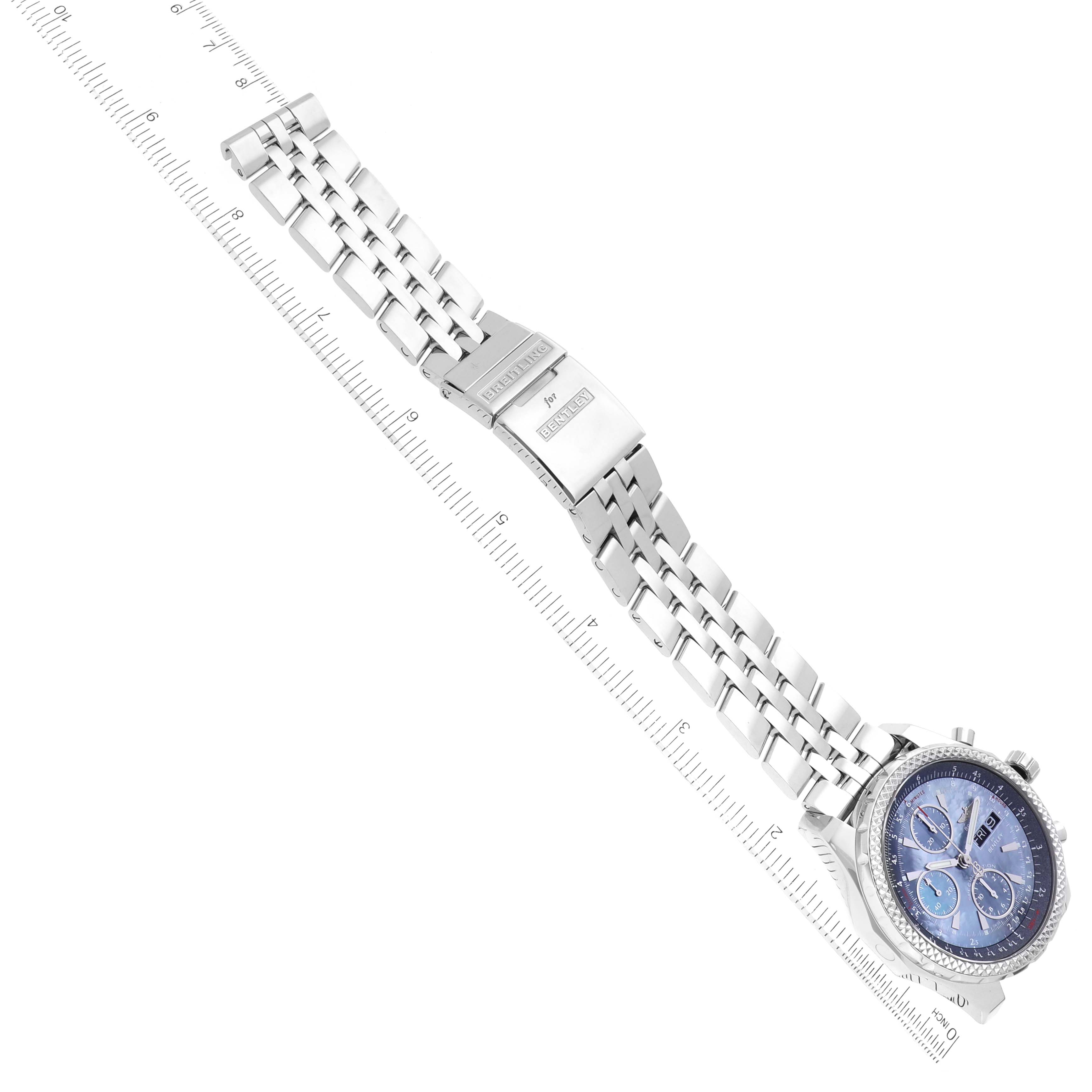 The Bentley model by Breitling is shown at a diagonal angle, displaying the bracelet, clasp, and dial.