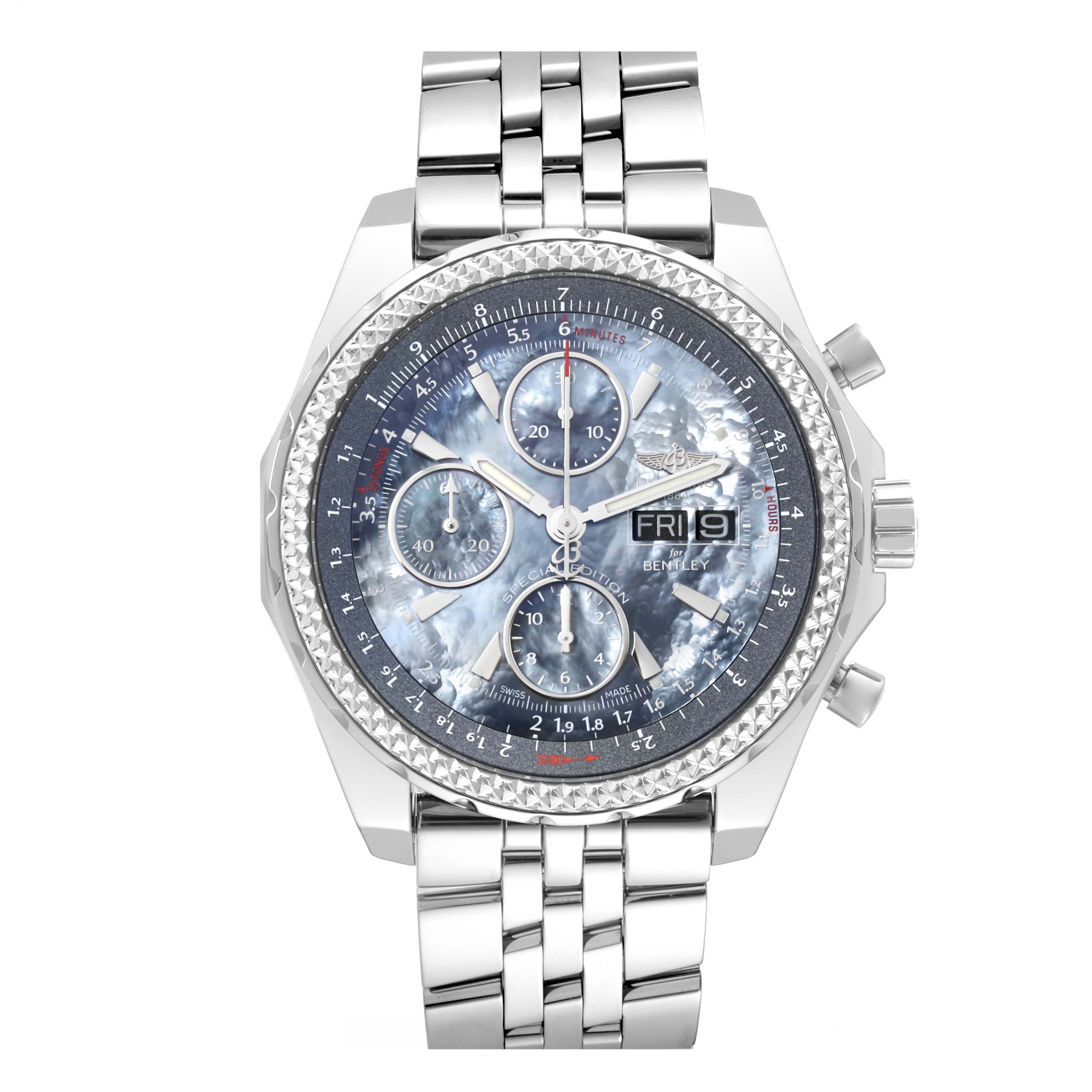 The Breitling Bentley A13362 Men's Stainless Steel Mother of Pearl Dial A13362 Men's Stainless Steel Mother of Pearl Dial watch is shown from a top-down angle, highlighting its dial, bezel, and the metal bracelet.