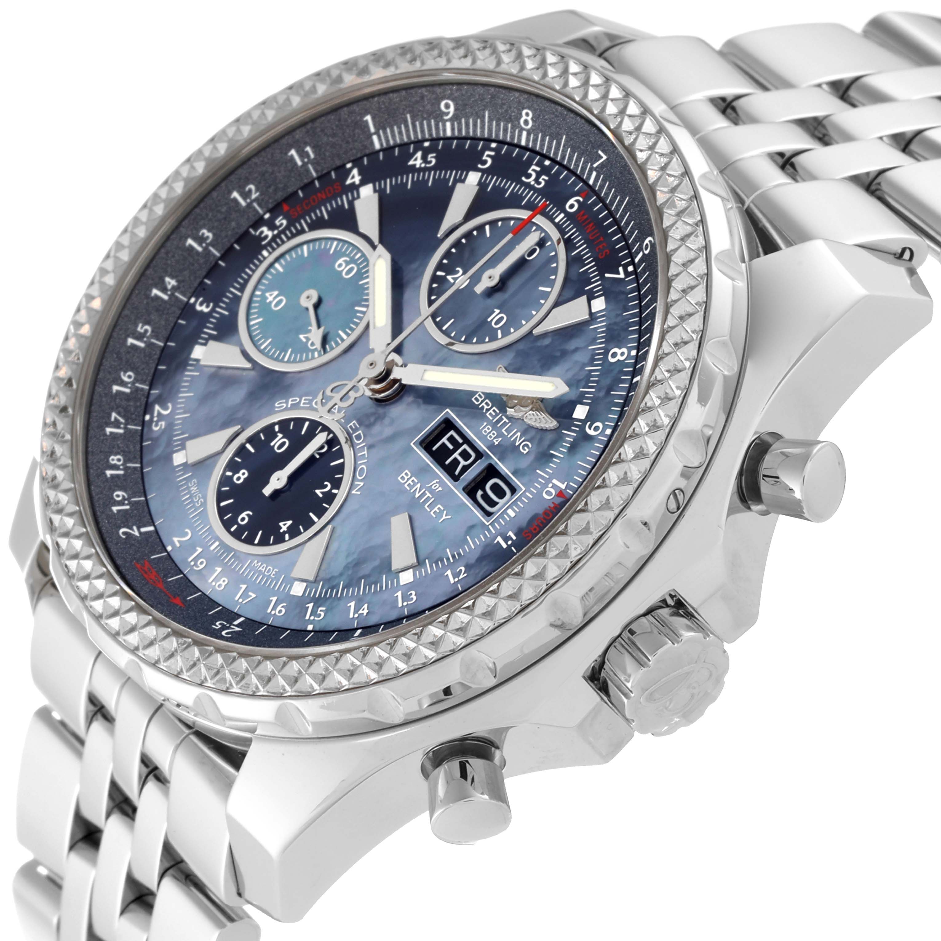 The image shows a close-up angle of a Breitling Bentley A13362 Men's Stainless Steel Mother of Pearl Dial A13362 Men's Stainless Steel Mother of Pearl Dial watch, highlighting the dial, bezel, crown, pushers, and metal bracelet.