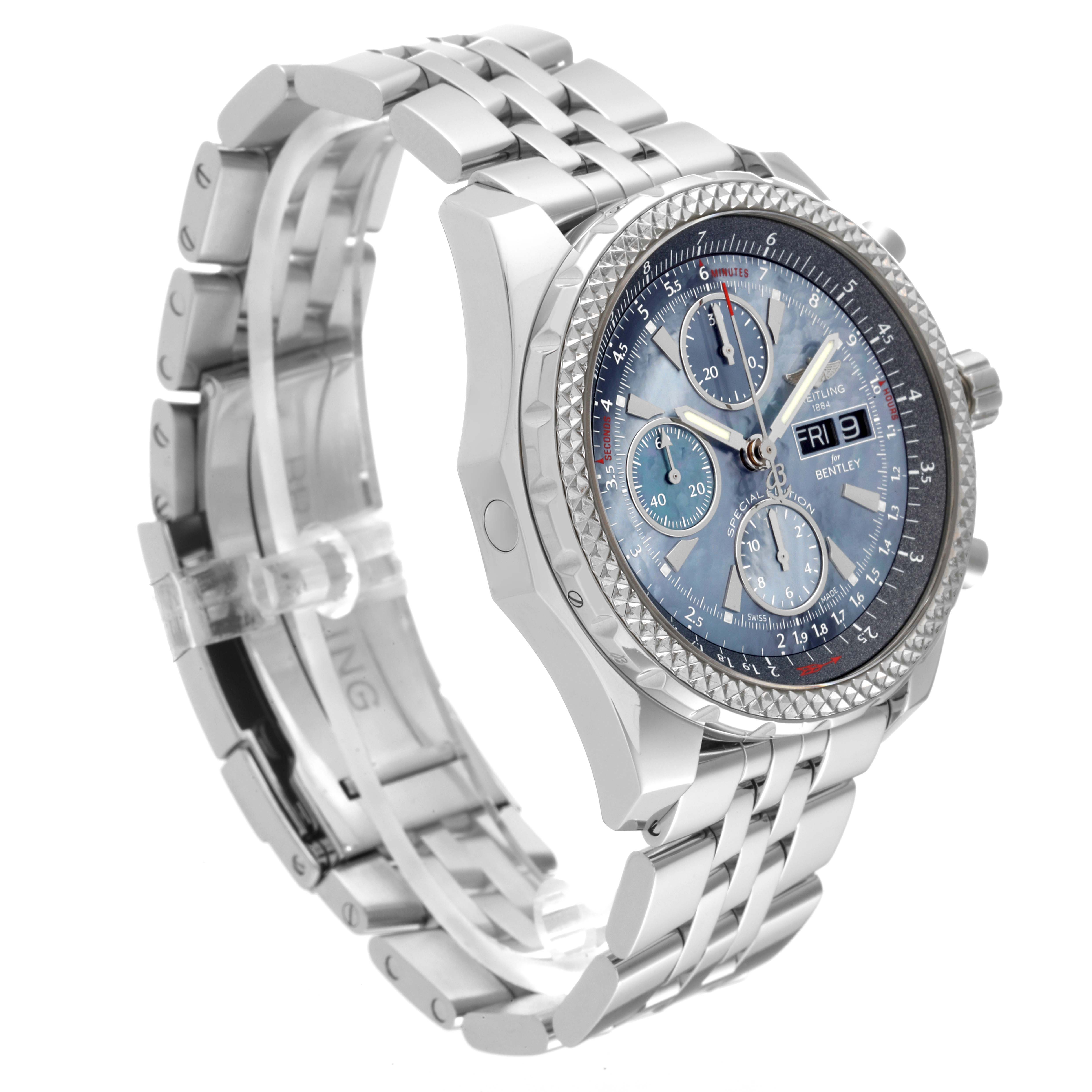 The image shows a side angle of the Breitling Bentley A13362 Men's Stainless Steel Mother of Pearl Dial A13362 Men's Stainless Steel Mother of Pearl Dial watch, highlighting its silver bracelet, bezel, and detailed face dials.