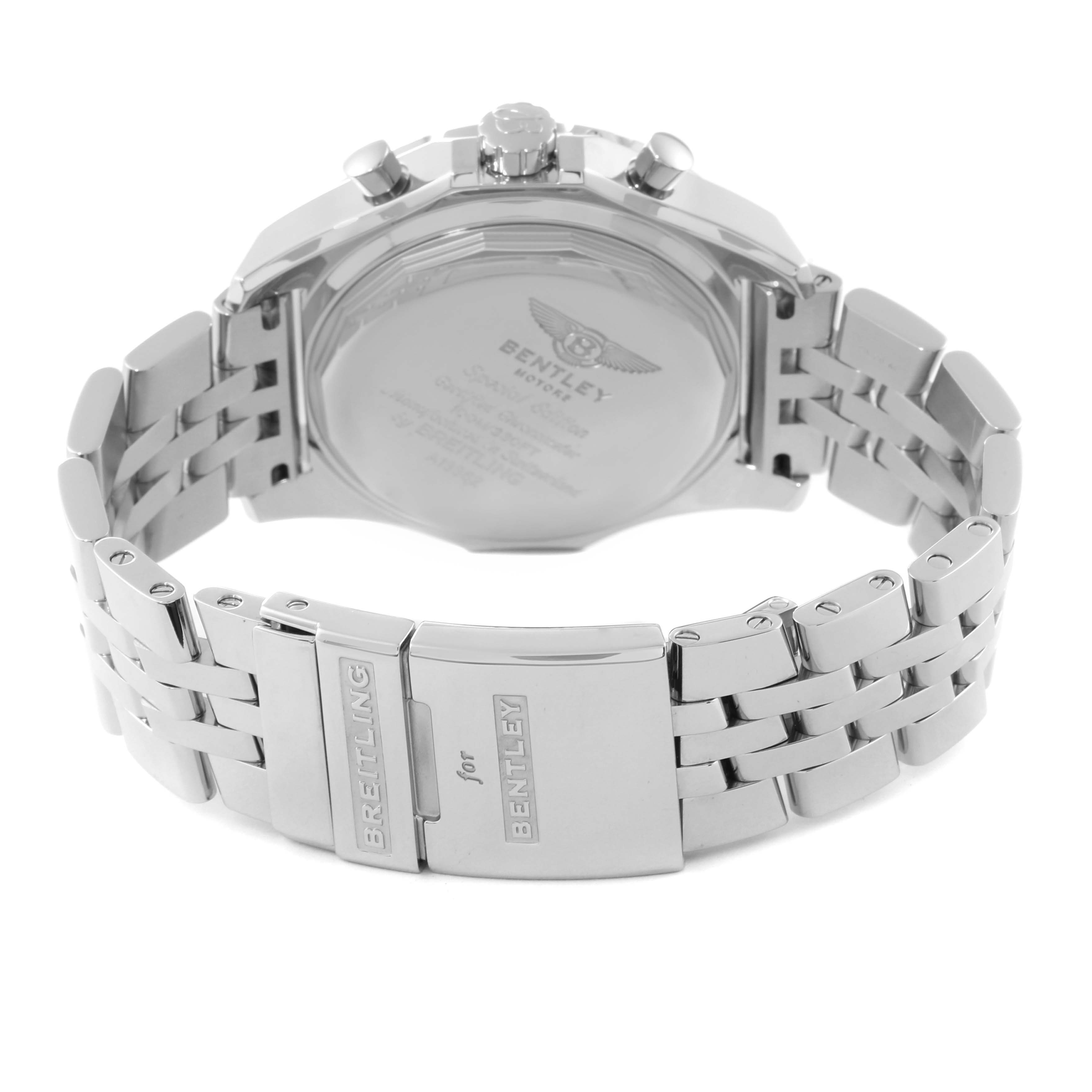 This image shows the back view of a Breitling Bentley A13362 Men's Stainless Steel Mother of Pearl Dial A13362 Men's Stainless Steel Mother of Pearl Dial watch, highlighting the clasp and stainless steel bracelet.