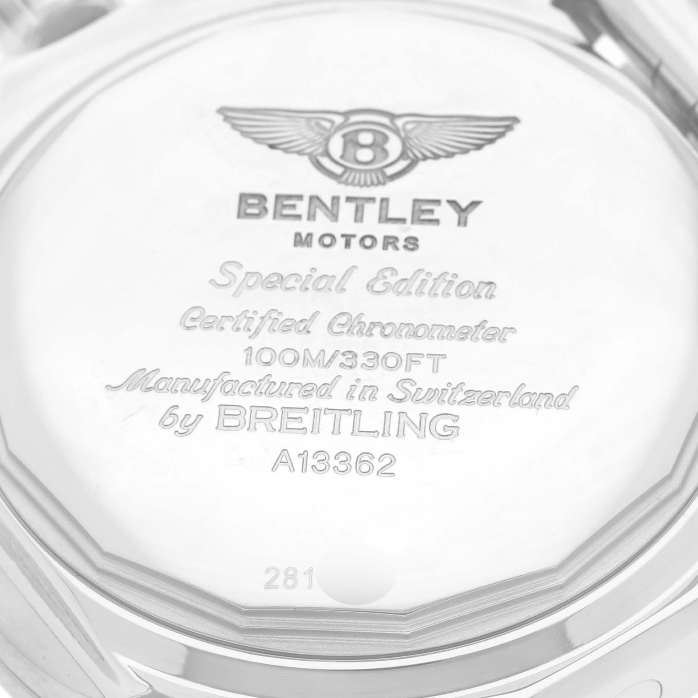 The image shows the back of a Breitling Bentley A13362 Men's Stainless Steel Mother of Pearl Dial A13362 Men's Stainless Steel Mother of Pearl Dial watch, highlighting the engraved branding and specifications.