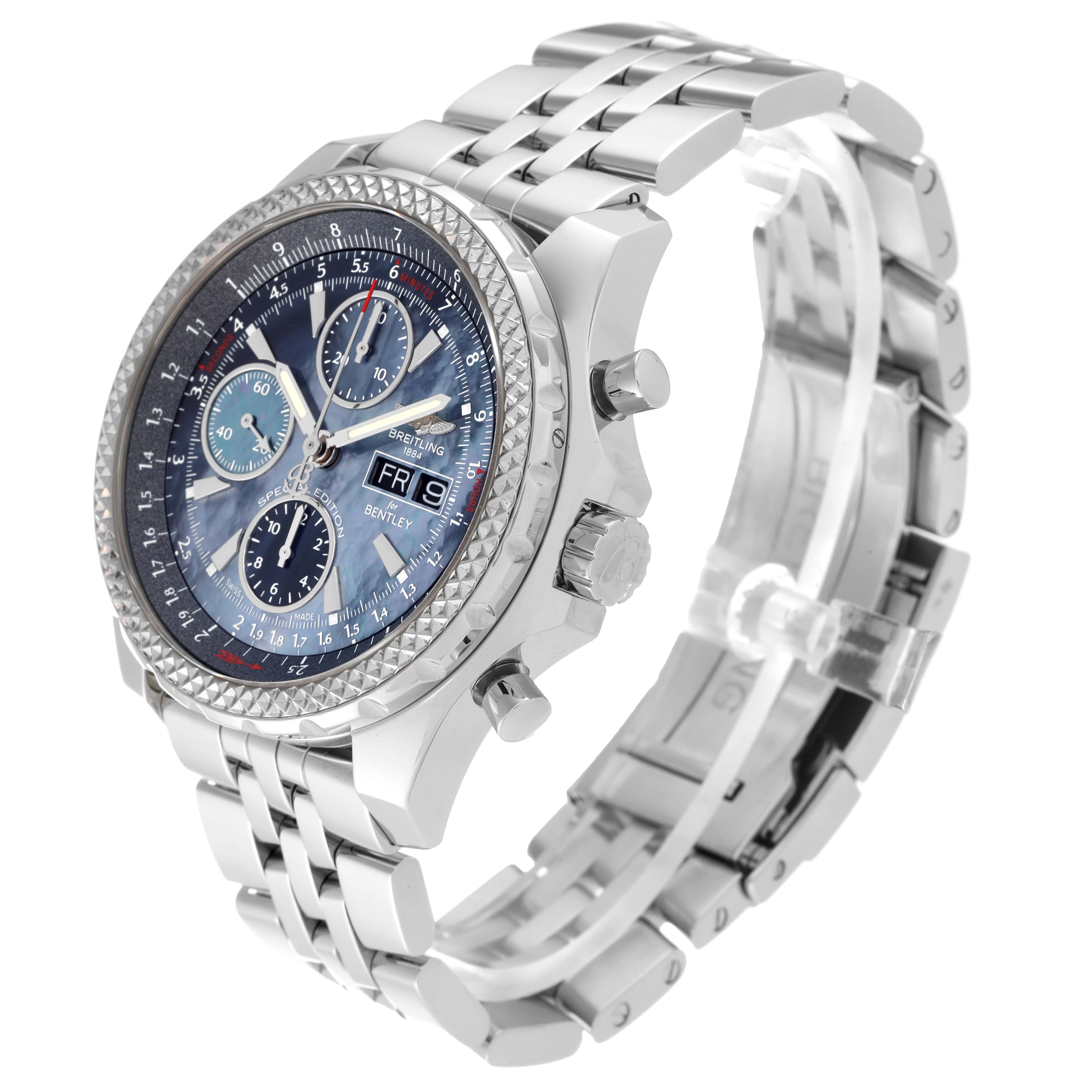 The image shows a Breitling Bentley A13362 Men's Stainless Steel Mother of Pearl Dial A13362 Men's Stainless Steel Mother of Pearl Dial model watch at an angle highlighting its face, bezel, crown, pushers, and metal bracelet.