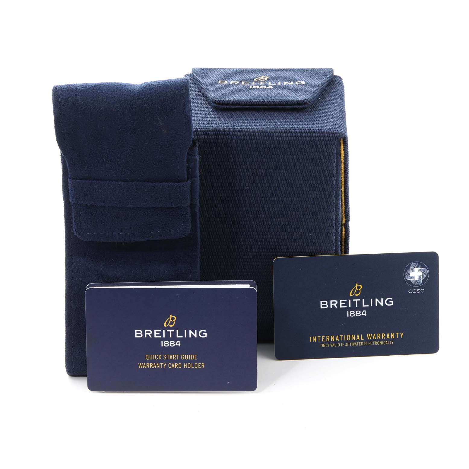 The image shows a Breitling Chronomat PB0134 Men
s Stainless Steel Blue Dial PB0134 Men
s Stainless Steel Blue Dial watch box, a blue pouch, a quick start guide, and an international warranty card.