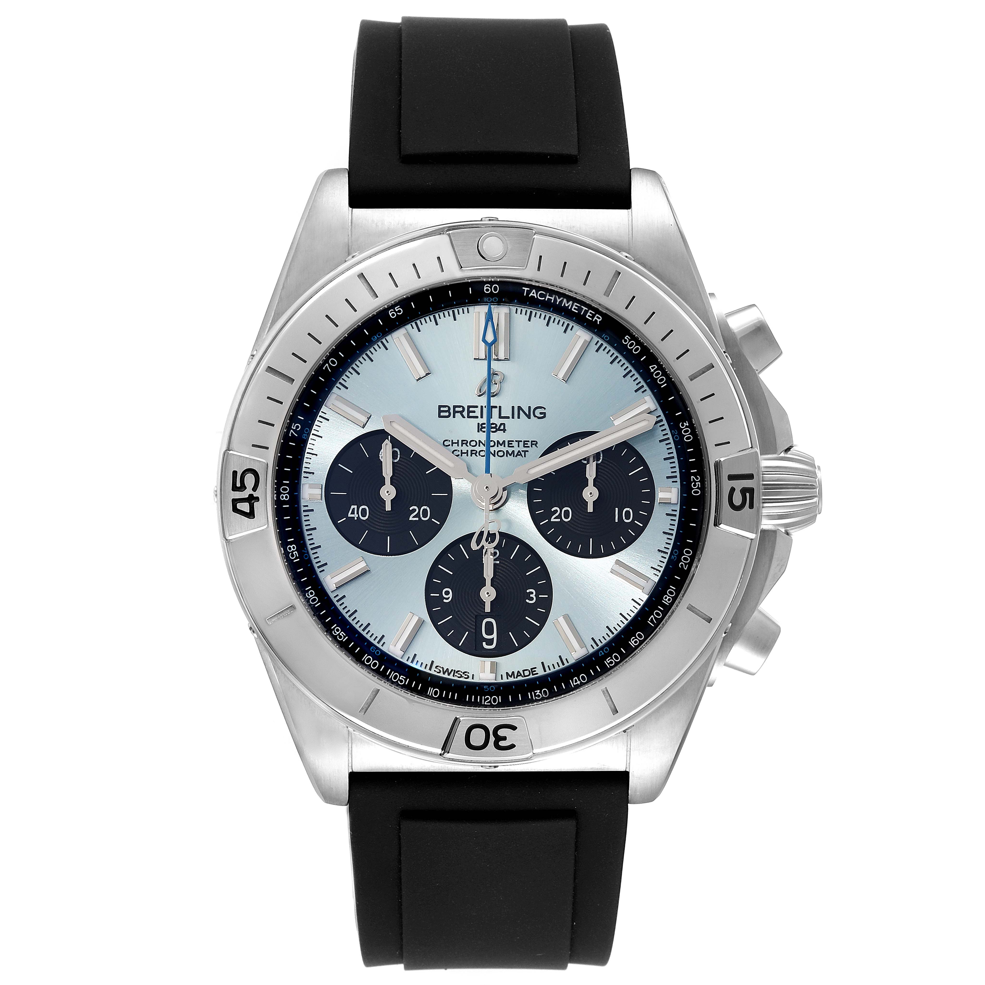 The Breitling Chronomat PB0134 Men
s Stainless Steel Blue Dial PB0134 Men
s Stainless Steel Blue Dial watch is shown from a top-down angle, highlighting its face, bezel, crown, and pushers.