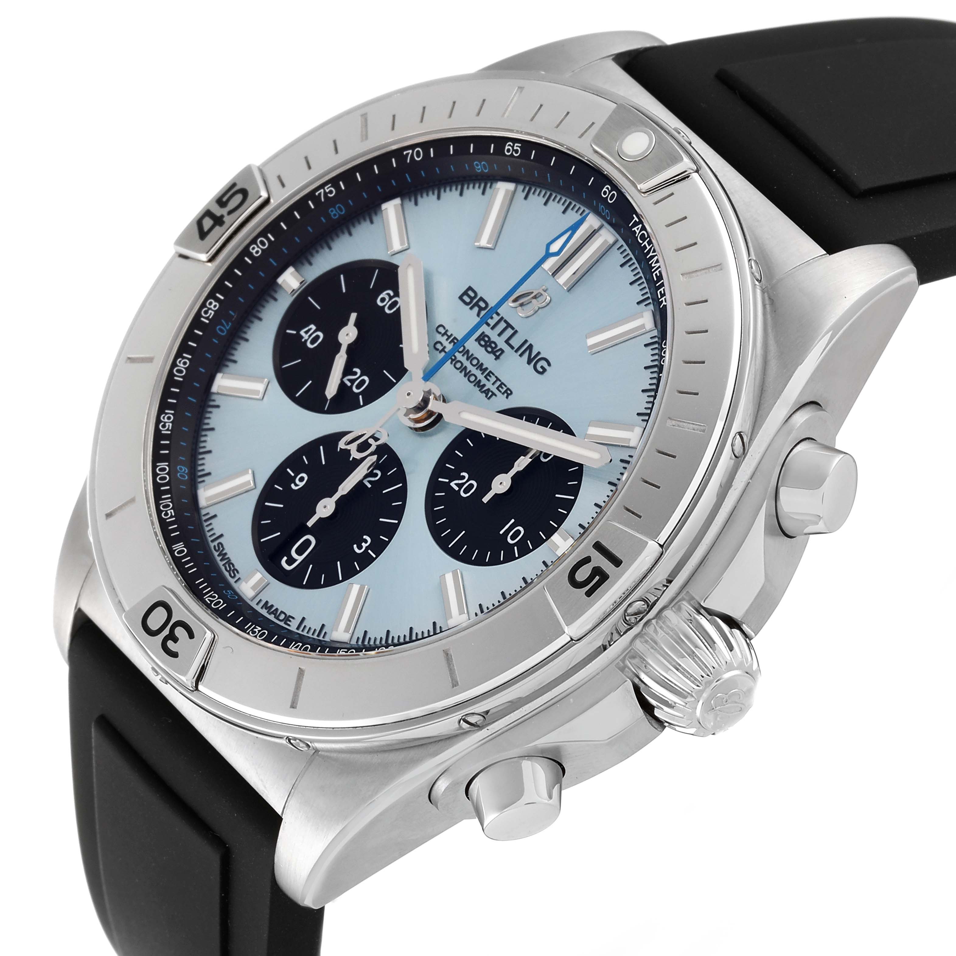 The image shows a side and front angle of the Breitling Chronomat PB0134 Men
s Stainless Steel Blue Dial PB0134 Men
s Stainless Steel Blue Dial watch, highlighting the face, bezel, crown, and pushers.
