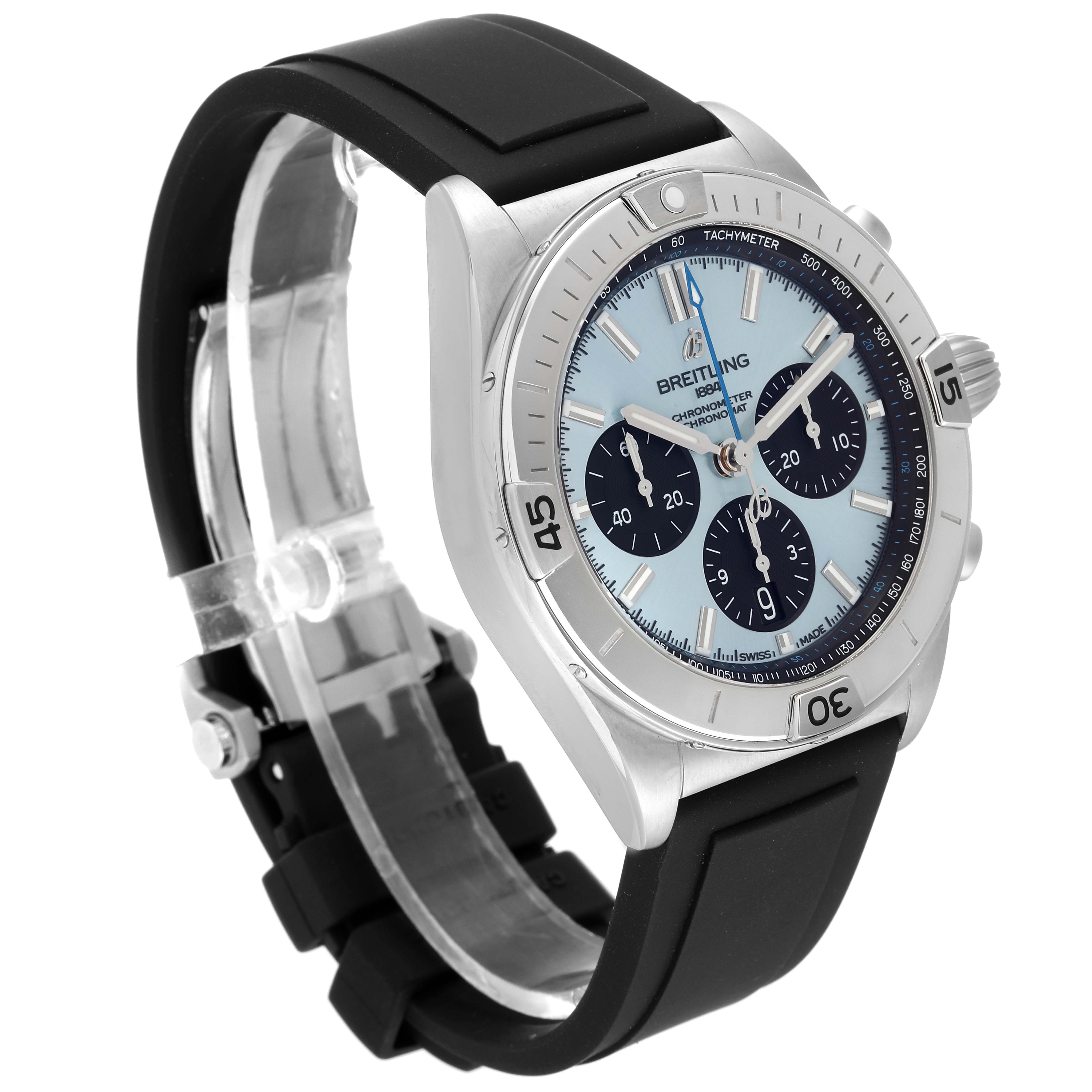 This Breitling Chronomat PB0134 Men
s Stainless Steel Blue Dial PB0134 Men
s Stainless Steel Blue Dial watch is shown at an angled side view, displaying its face, bezel, crown, and black rubber strap.