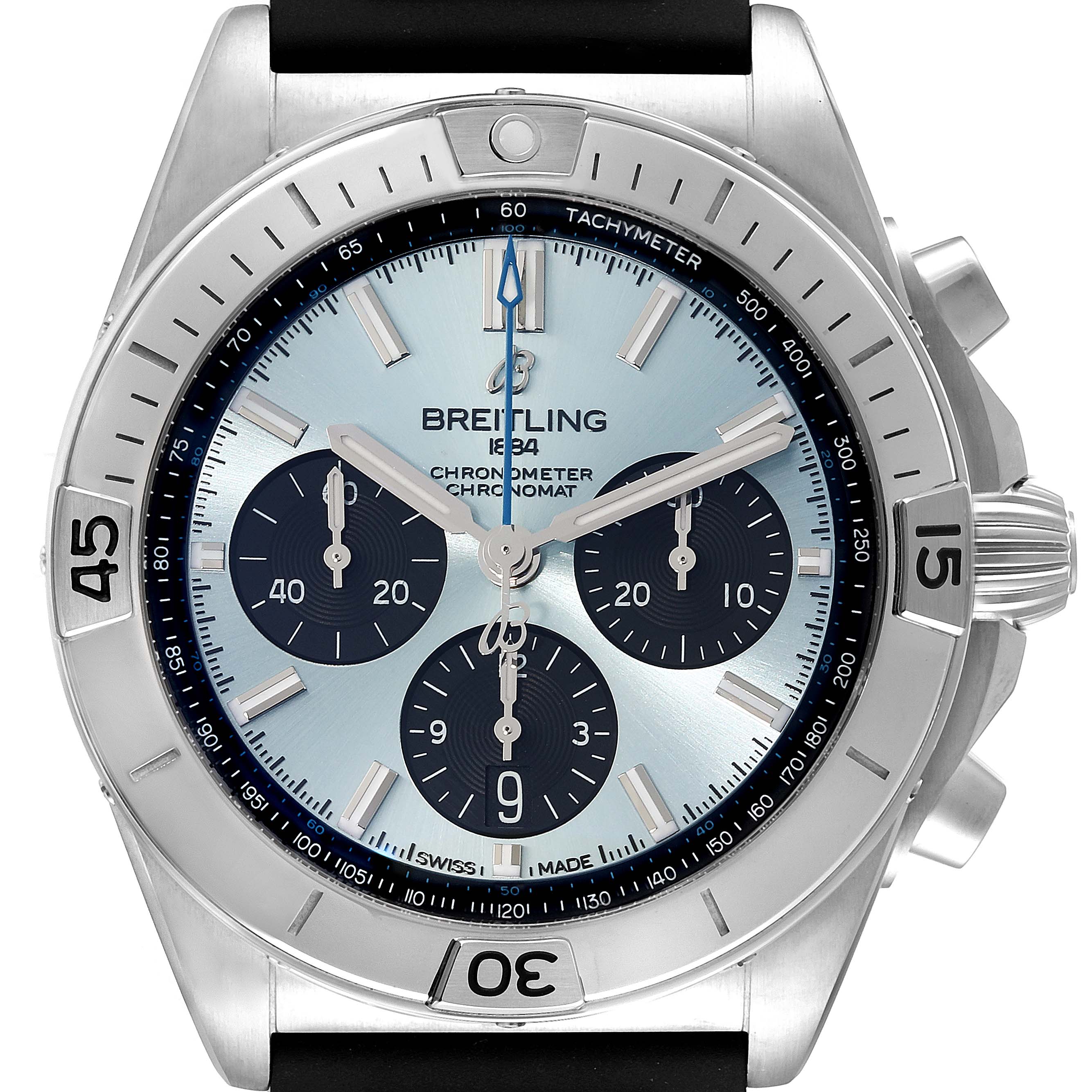 The image shows a Breitling Chronomat PB0134 Men
s Stainless Steel Blue Dial PB0134 Men
s Stainless Steel Blue Dial watch from a front angle, highlighting the dial, bezel, subdials, and crown.