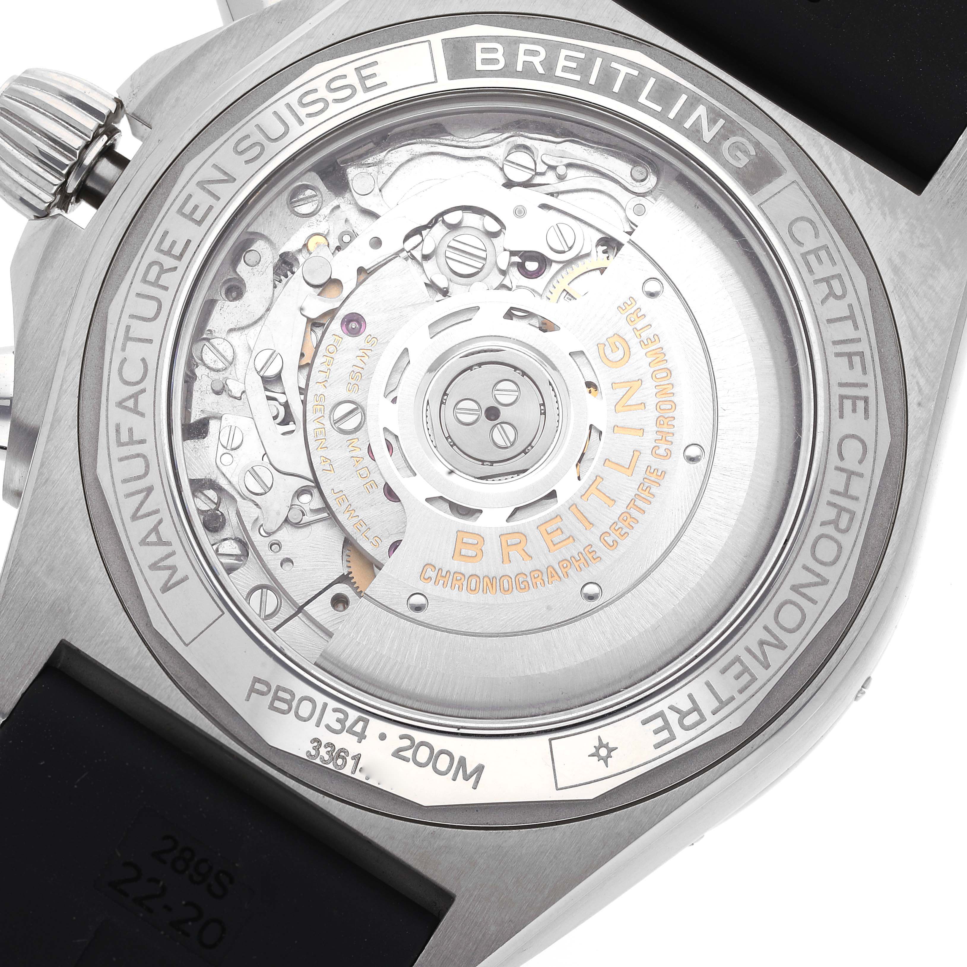 This image shows the back view of a Breitling Chronomat PB0134 Men
s Stainless Steel Blue Dial PB0134 Men
s Stainless Steel Blue Dial watch, specifically highlighting the movement and rotor through a transparent case back.