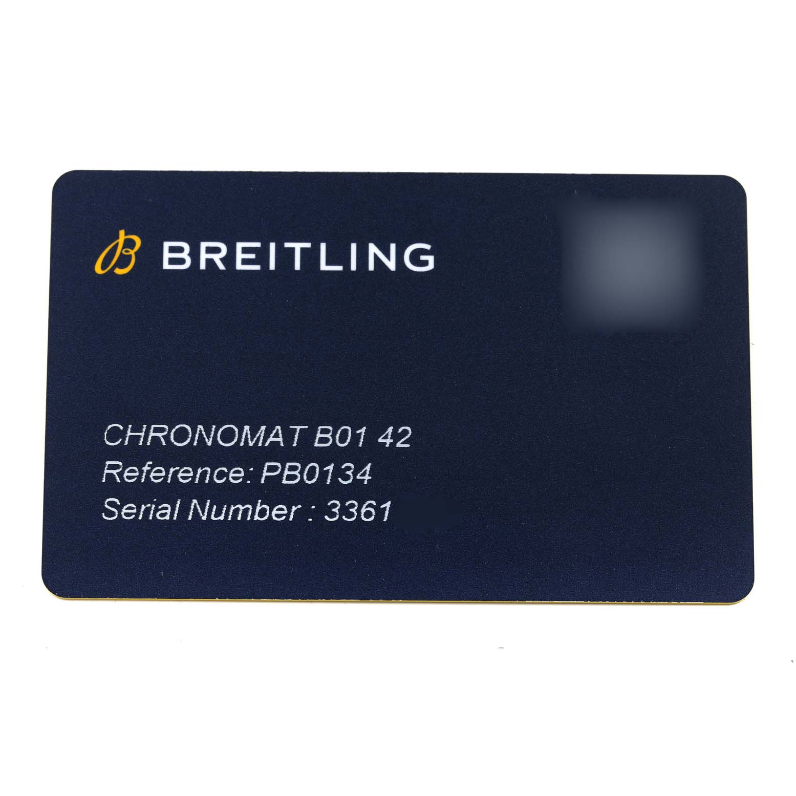 This image shows a Breitling warranty card for the Chronomat B01 42, displaying reference and serial numbers.