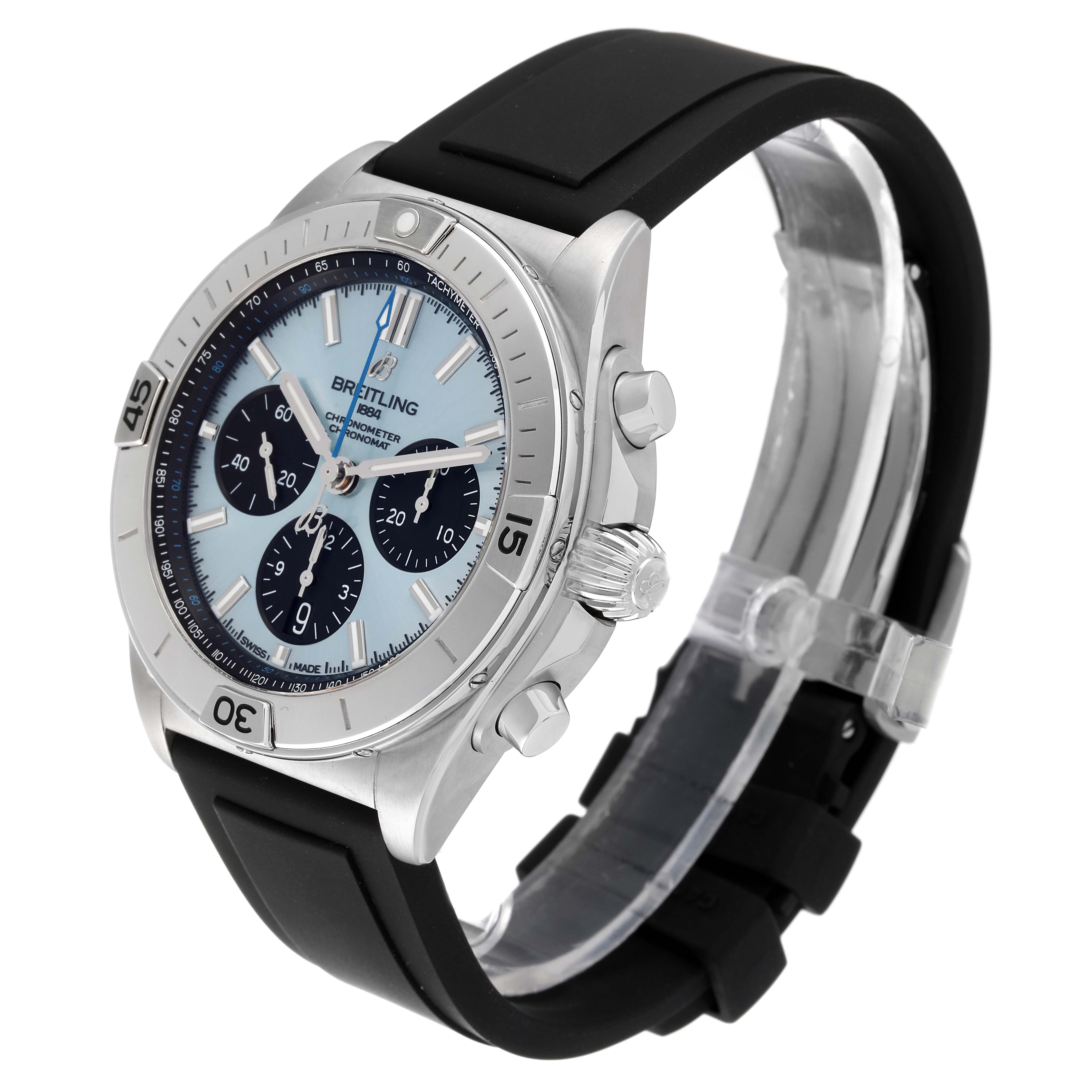The Breitling Chronomat PB0134 Men
s Stainless Steel Blue Dial PB0134 Men
s Stainless Steel Blue Dial watch is shown at a side angle, highlighting the dial, bezel, crown, pushers, and black rubber strap.