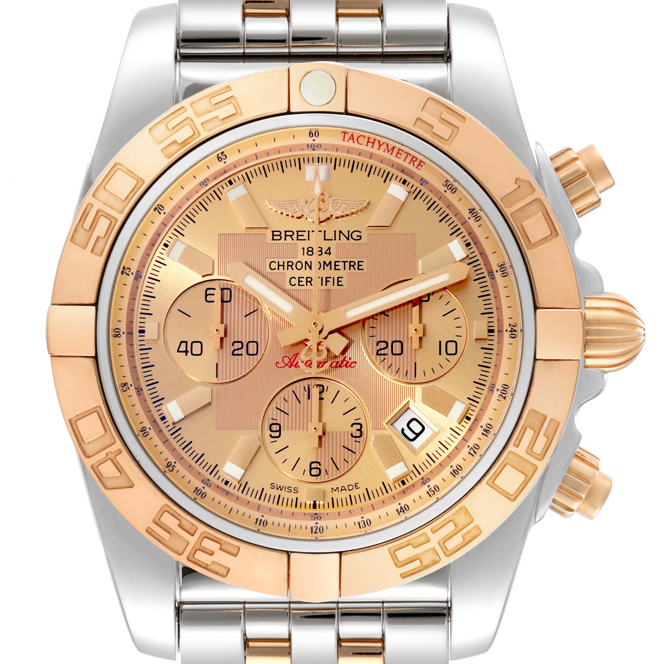 This image shows a front view of the Breitling Chronomat CB011012/B957 Men's Stainless Steel Champagne Dial CB011012/B957 Men's Stainless Steel Champagne Dial watch, highlighting the dial, bezel, subdials, and part of the bracelet.