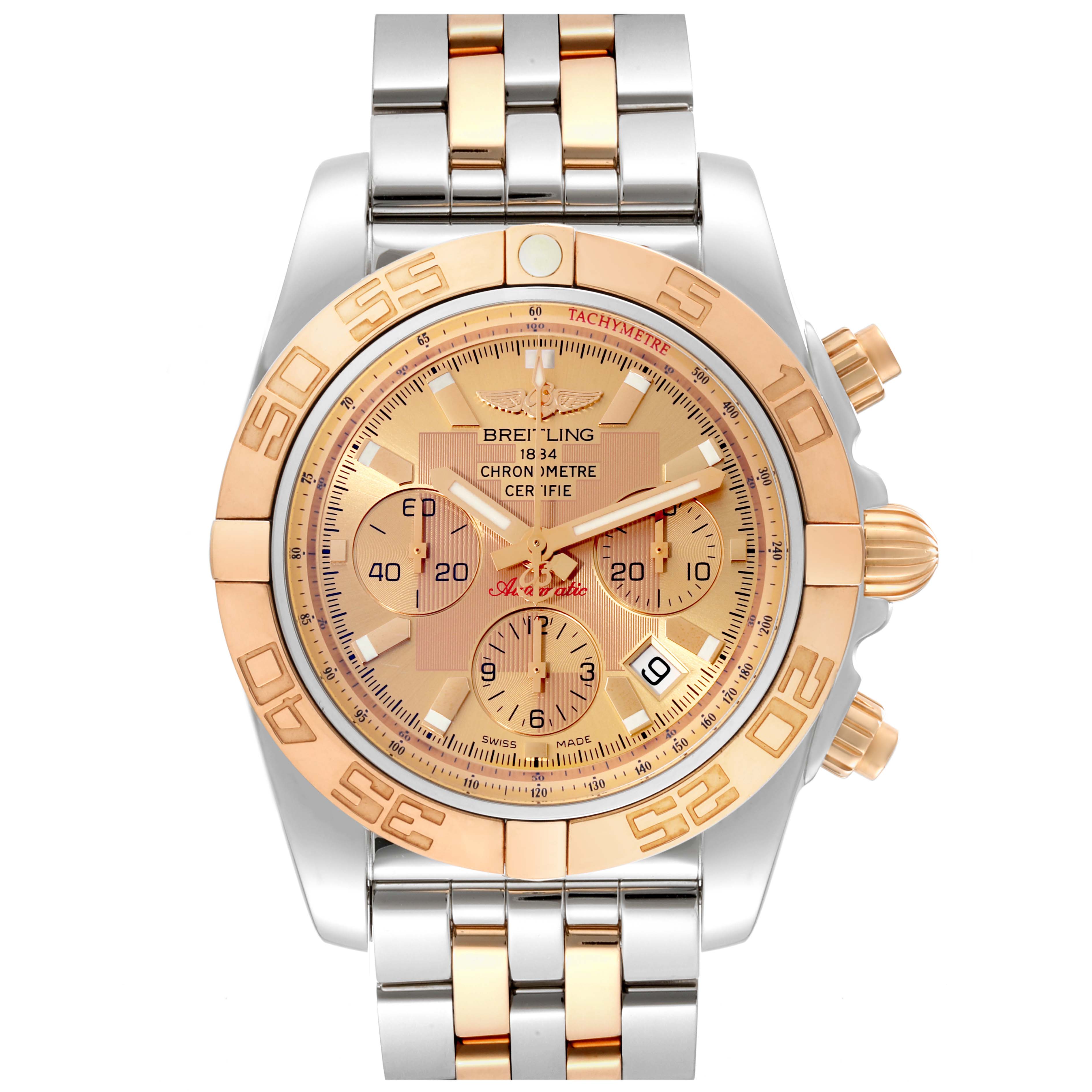 The image shows a front view of a Breitling Chronomat CB011012/B957 Men's Stainless Steel Champagne Dial CB011012/B957 Men's Stainless Steel Champagne Dial watch, highlighting its gold and silver bracelet, bezel, and chronograph sub-dials.