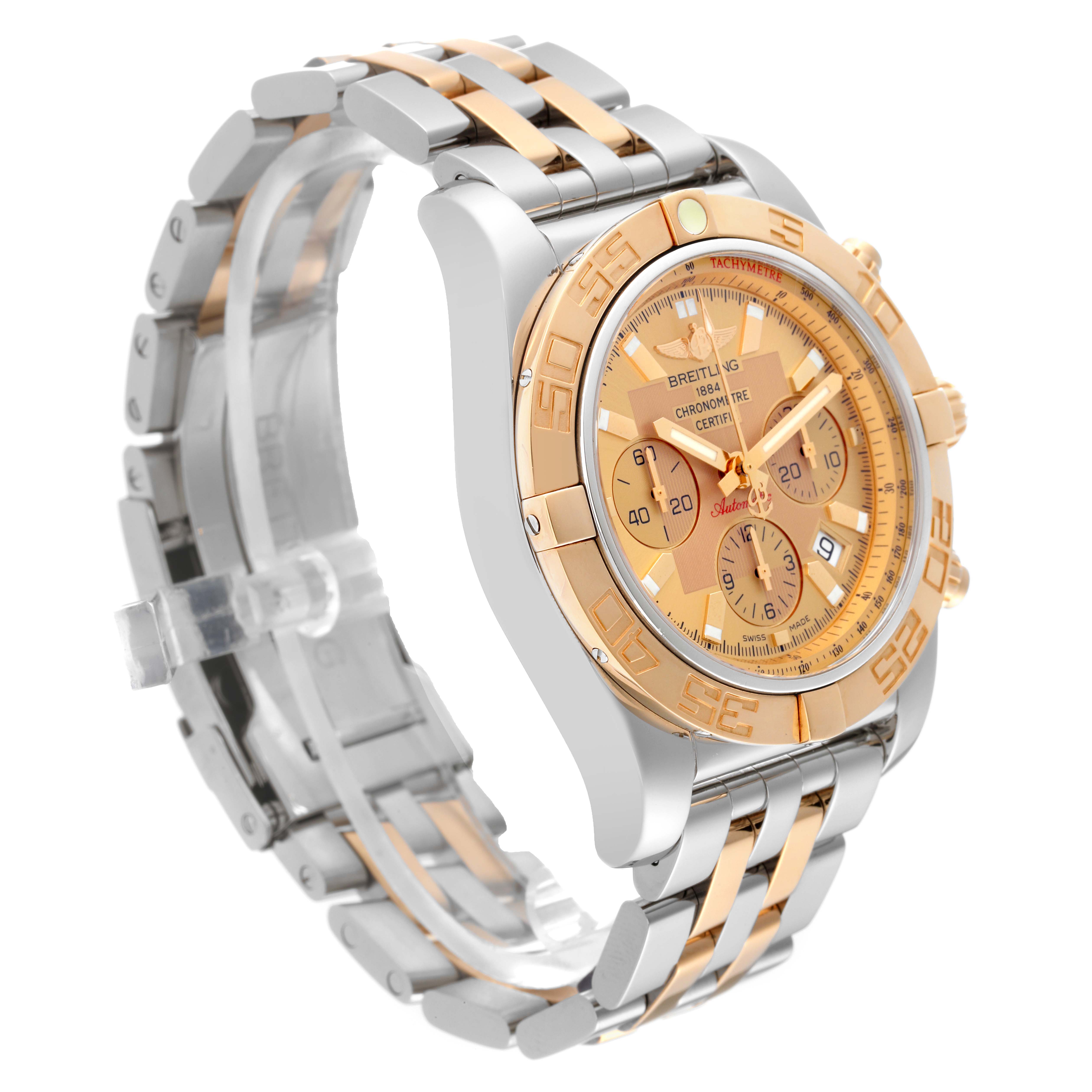 The image shows a side and top view angle of a Breitling Chronomat CB011012/B957 Men's Stainless Steel Champagne Dial CB011012/B957 Men's Stainless Steel Champagne Dial watch, highlighting its dual-tone bracelet and detailed face.