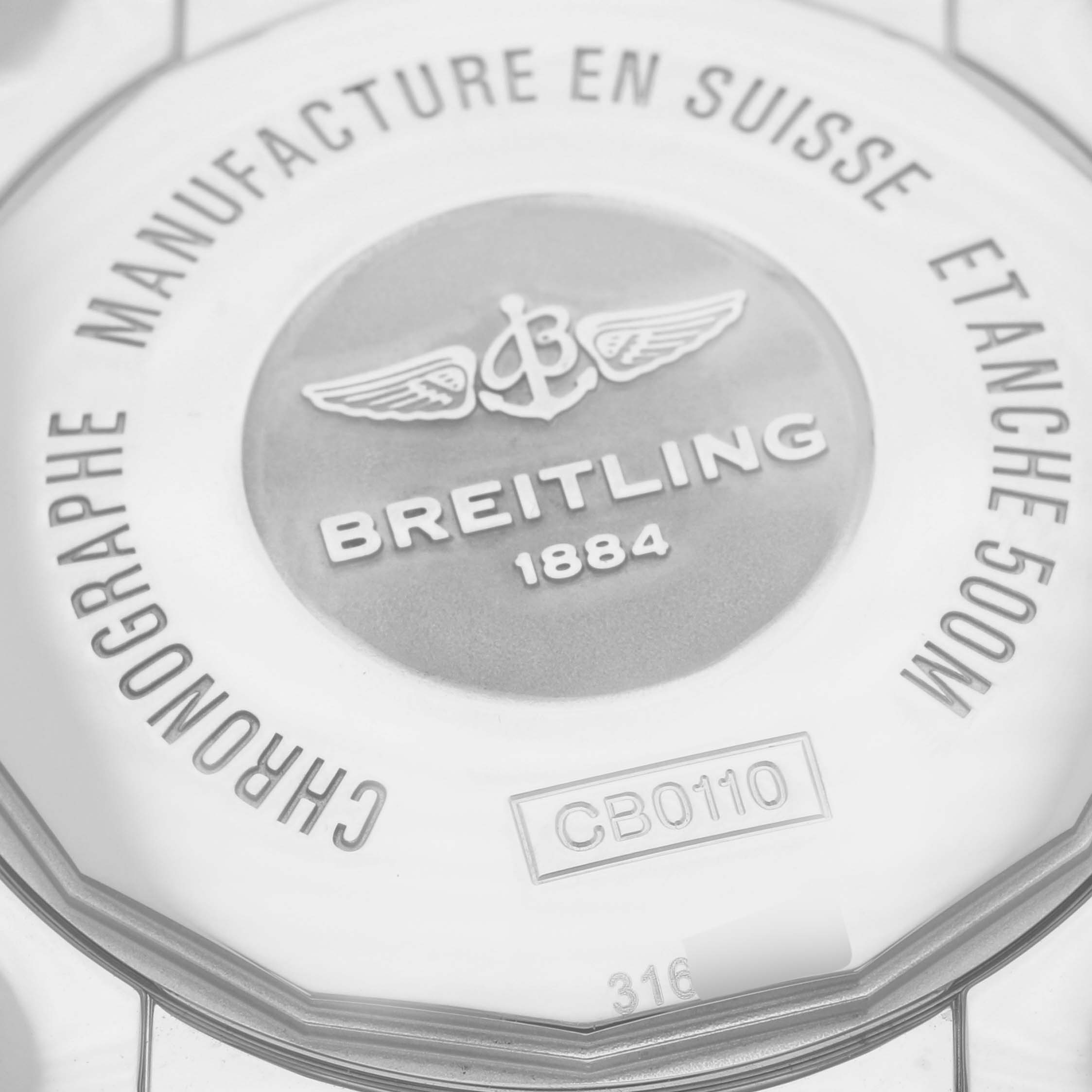 This image shows the back case of a Breitling Chronomat CB011012/B957 Men's Stainless Steel Champagne Dial CB011012/B957 Men's Stainless Steel Champagne Dial watch, highlighting the brand name, model number, and water resistance.
