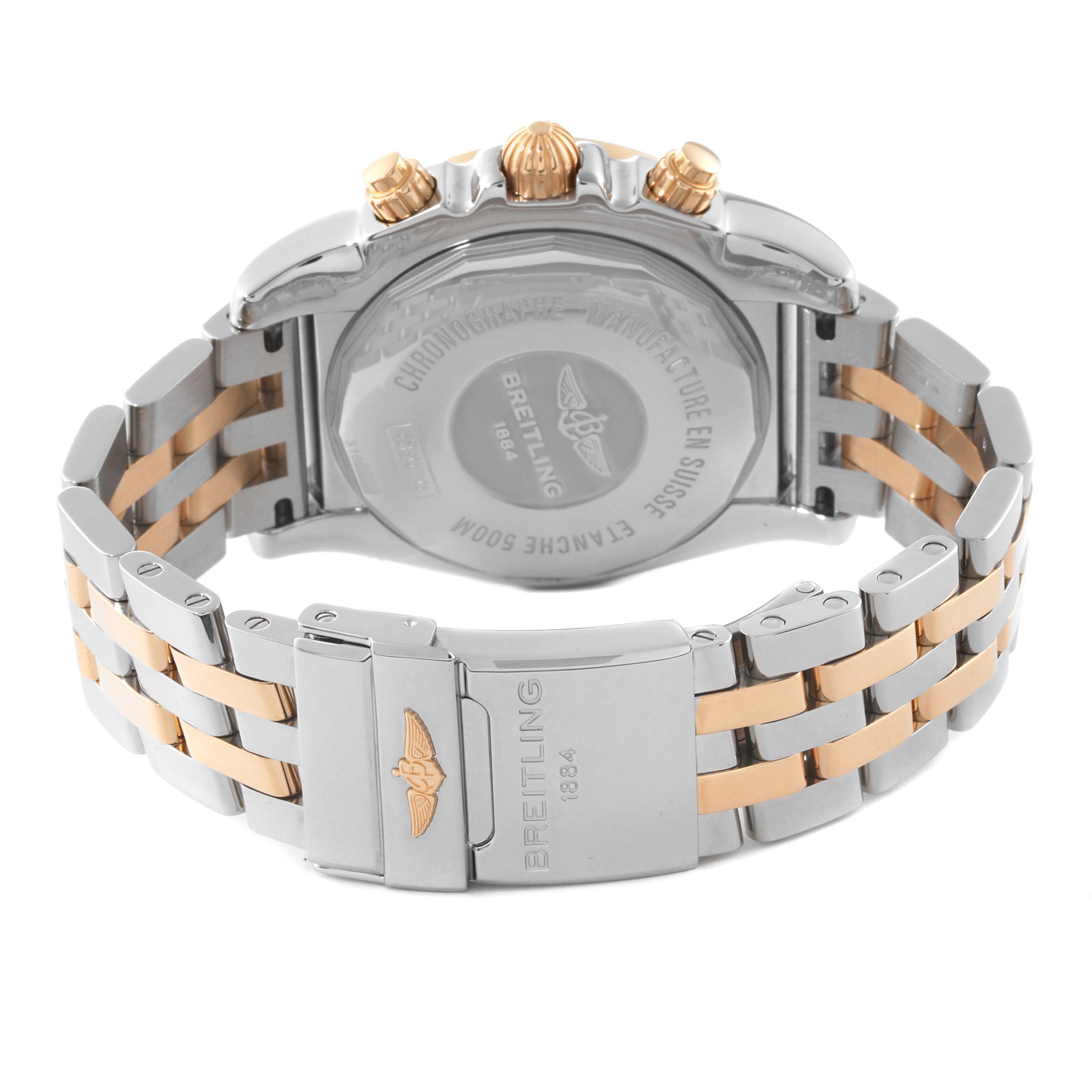 This image shows the back view of a Breitling Chronomat CB011012/B957 Men's Stainless Steel Champagne Dial CB011012/B957 Men's Stainless Steel Champagne Dial watch, focusing on its bracelet, clasp, and case back.