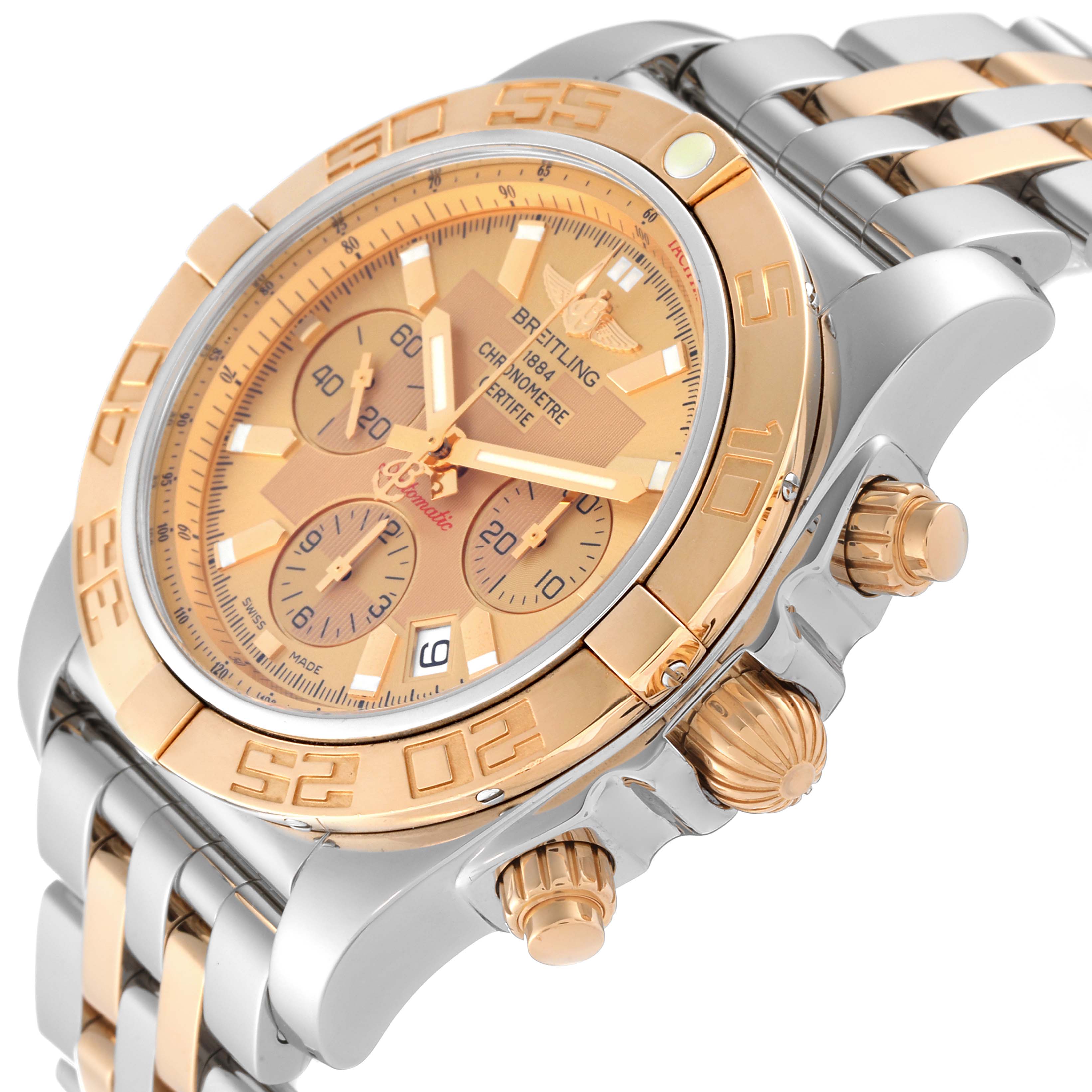 The Breitling Chronomat CB011012/B957 Men's Stainless Steel Champagne Dial CB011012/B957 Men's Stainless Steel Champagne Dial watch is shown from a front-side angle, highlighting the bezel, dial, crown, pushers, and two-tone bracelet.