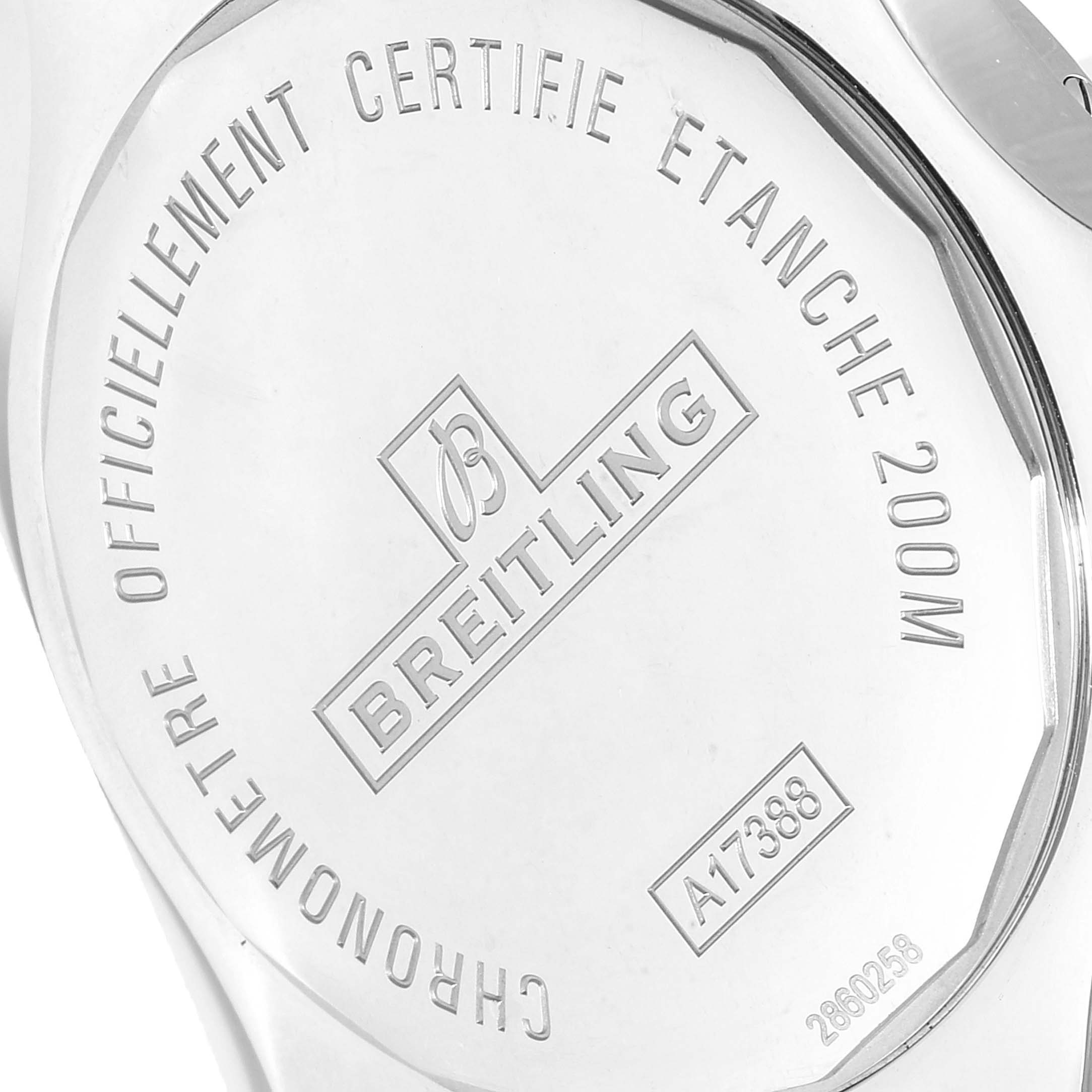 The image shows the back case of a Breitling Colt A17388 Men's Stainless Steel White Dial A17388 Men's Stainless Steel White Dial watch with model number A17388, highlighting its branding and water resistance details.